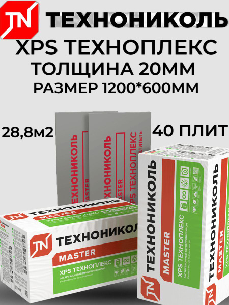Плиты XPS ТЕХНОПЛЕКС/TECHNOPLEX 1200х600х20 (0,576м3 - 28,8м2 - 40 шт ...