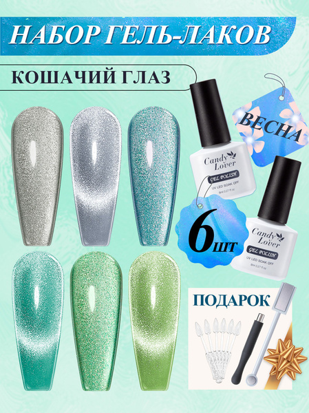 Candy Lover Набор гель-лаков кошачий глаз для ногтей + 2 маннита синие ...