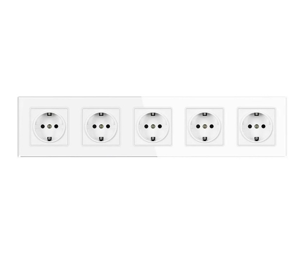 Розетка с заземлением FUJIHOME S5W на 5 постов, рамка стекло, 220В /16А ...
