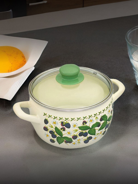 Кастрюля эмалированная Metrot Ежевика, со стеклянной крышкой, 2,4 л ...