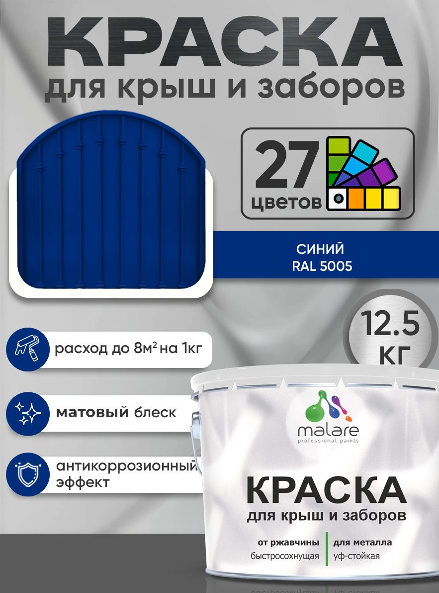 Краска по металлу Malare для крыш и заборов по ржавчине, для наружных работ, быстросохнущая износостойкая RAL 5005 синий, матовая, 12,5 кг