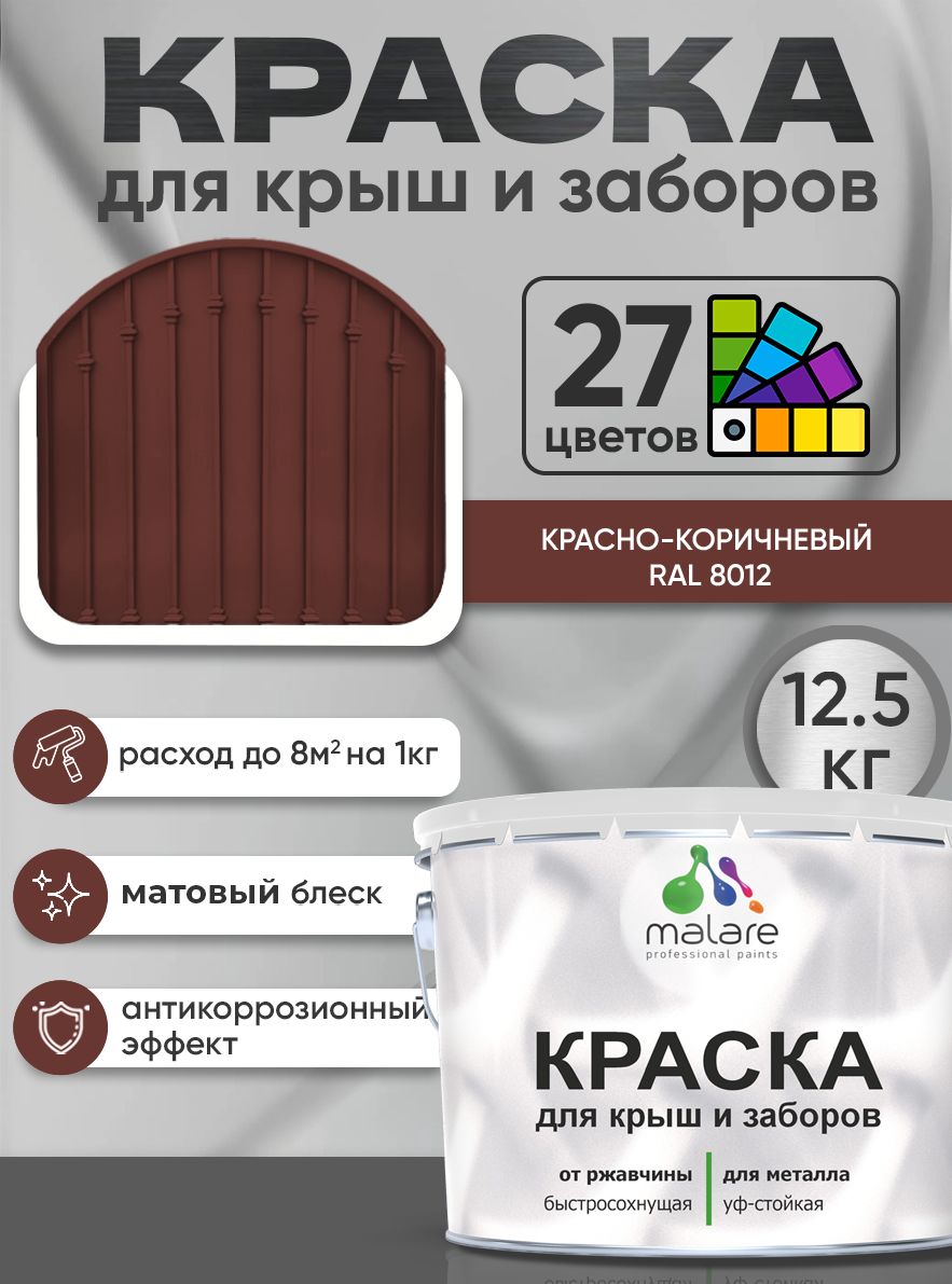 Краска по металлу Malare для крыш и заборов по ржавчине, для наружных работ, быстросохнущая износостойкая RAL 8012 красно-коричневый, матовая, 12,5 кг