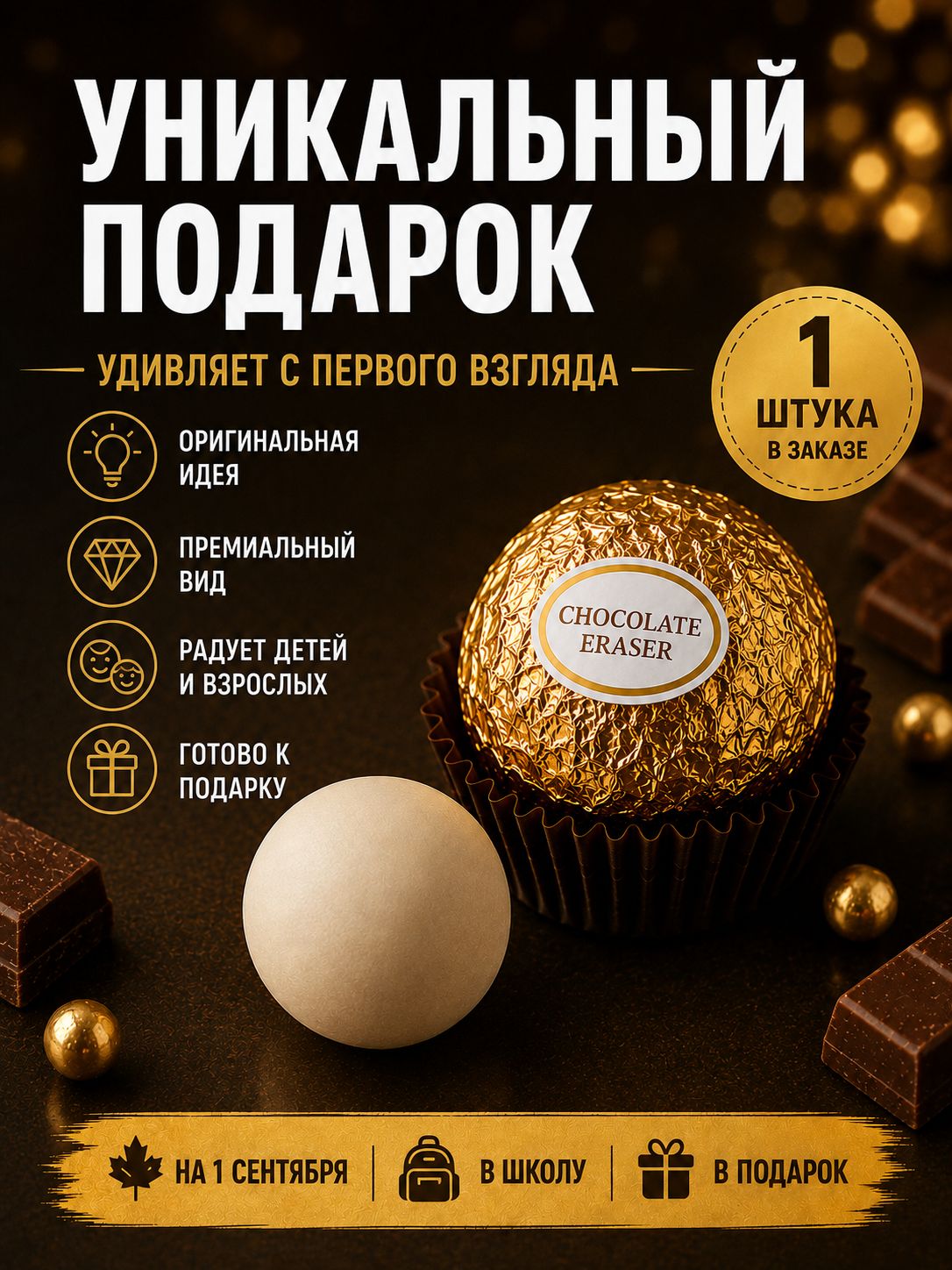 Отлично стирает. Ластик-шар в виде шоколадной конфеты, 1 шт.