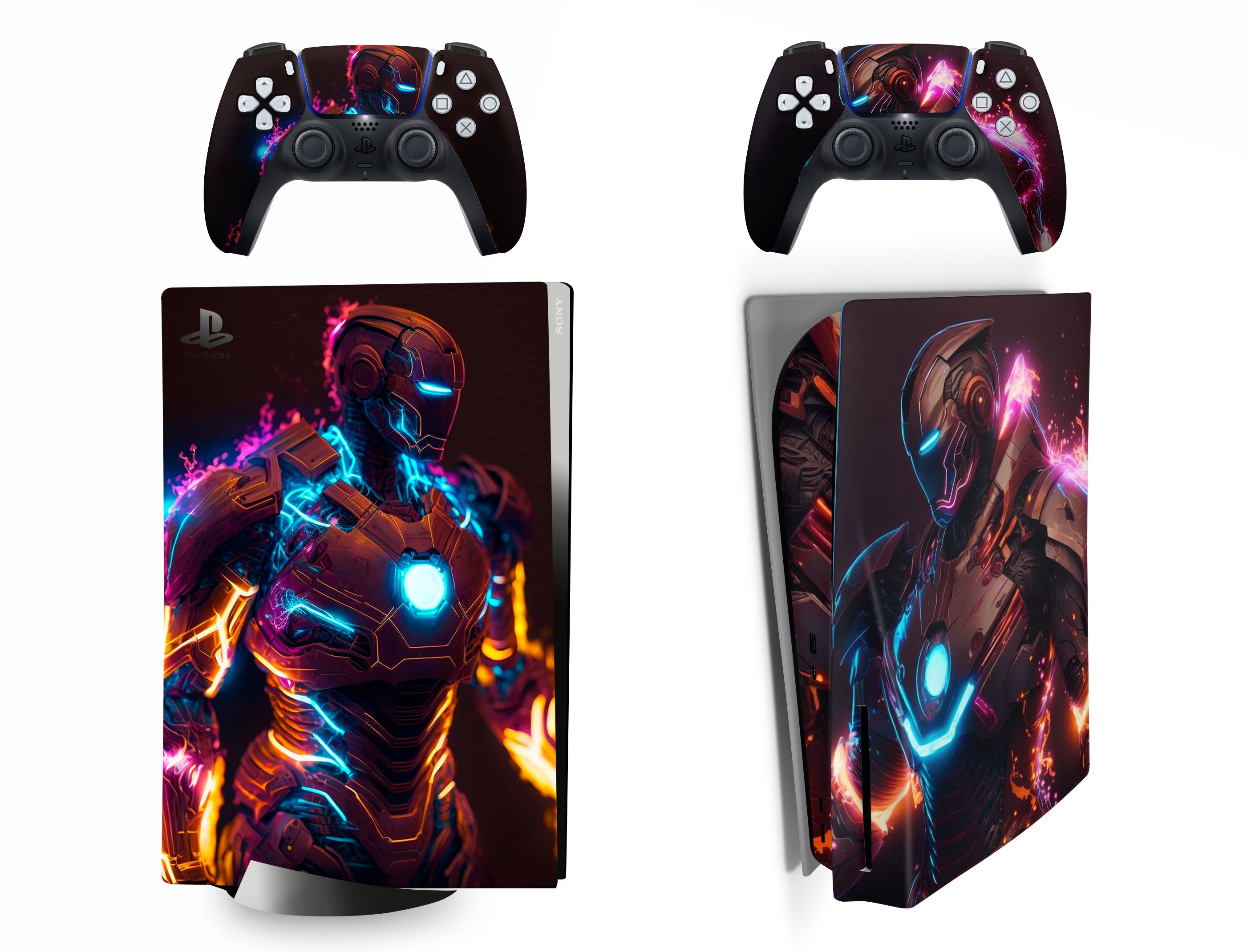 Наклейка Iron Man Neon виниловая защитная на игровую консоль PlayStation 5 Disk Edition полный комплект