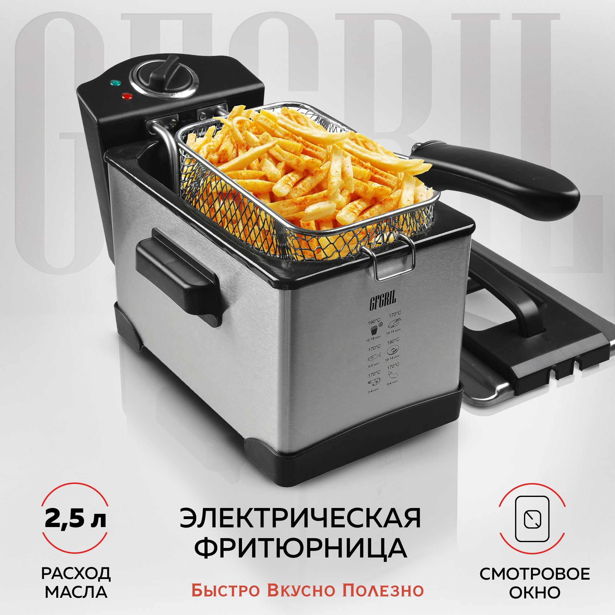 GFGRIL электрическая фритюрница GFF-M2500 Master Cook, быстрый нагрев,  объем 2.5 л., съемная корзина и чаша, корпус из нержавеющей стали