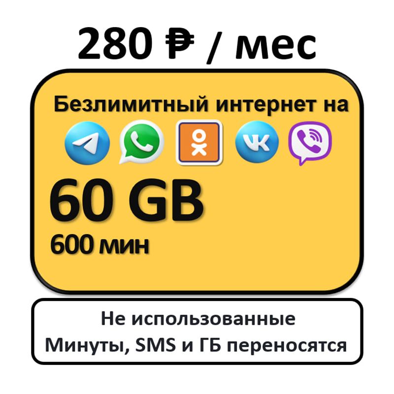 SIM-карта Сим карта 600 минут 60 Гб БЕЗЛИМИТНЫЙ ИНТЕРНЕТ (Вся Россия)