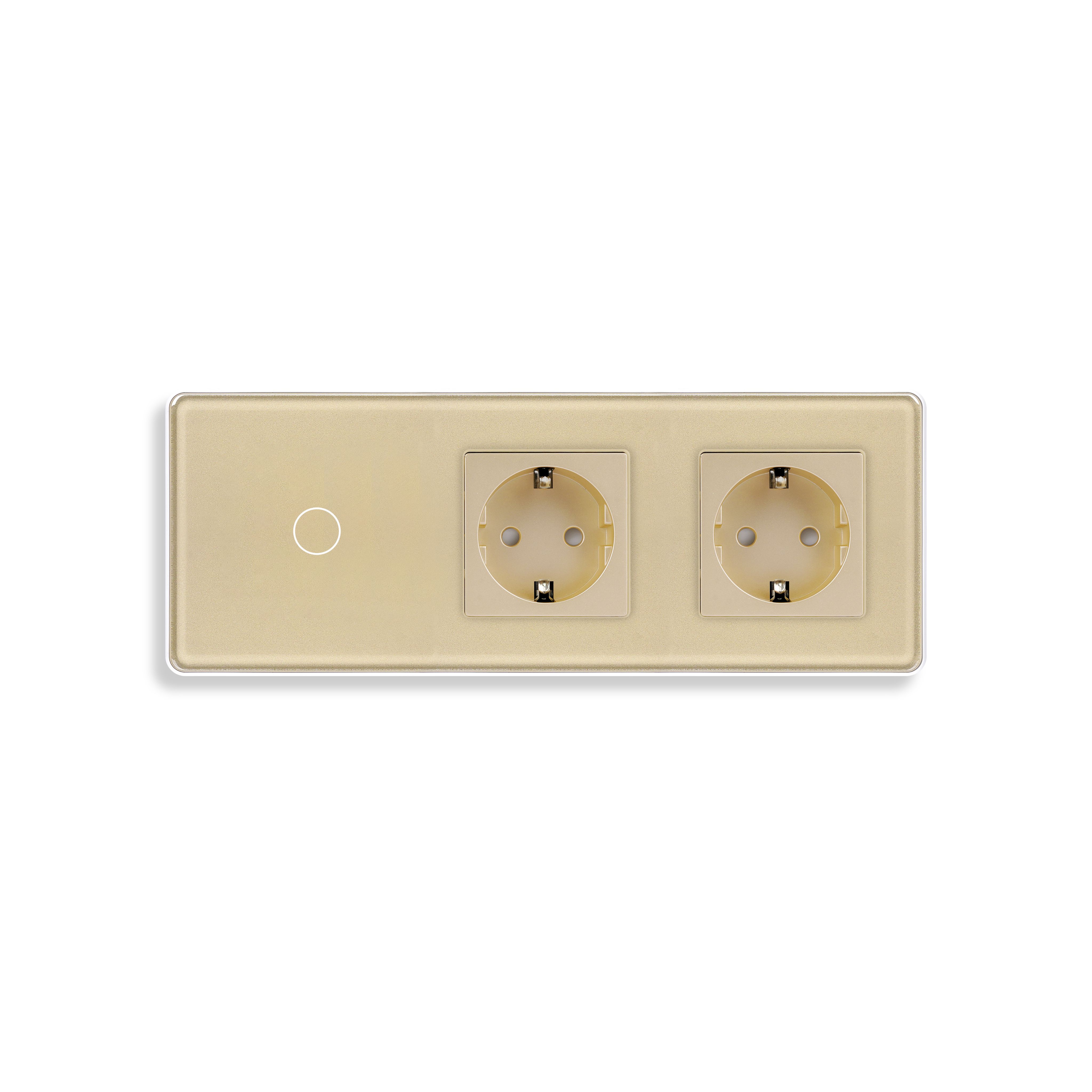 Сенсорныйвыключательсрозеткой1кл.2розетки,3поста(1G+2EU)стекло2.5D228х86ммцветзолотой