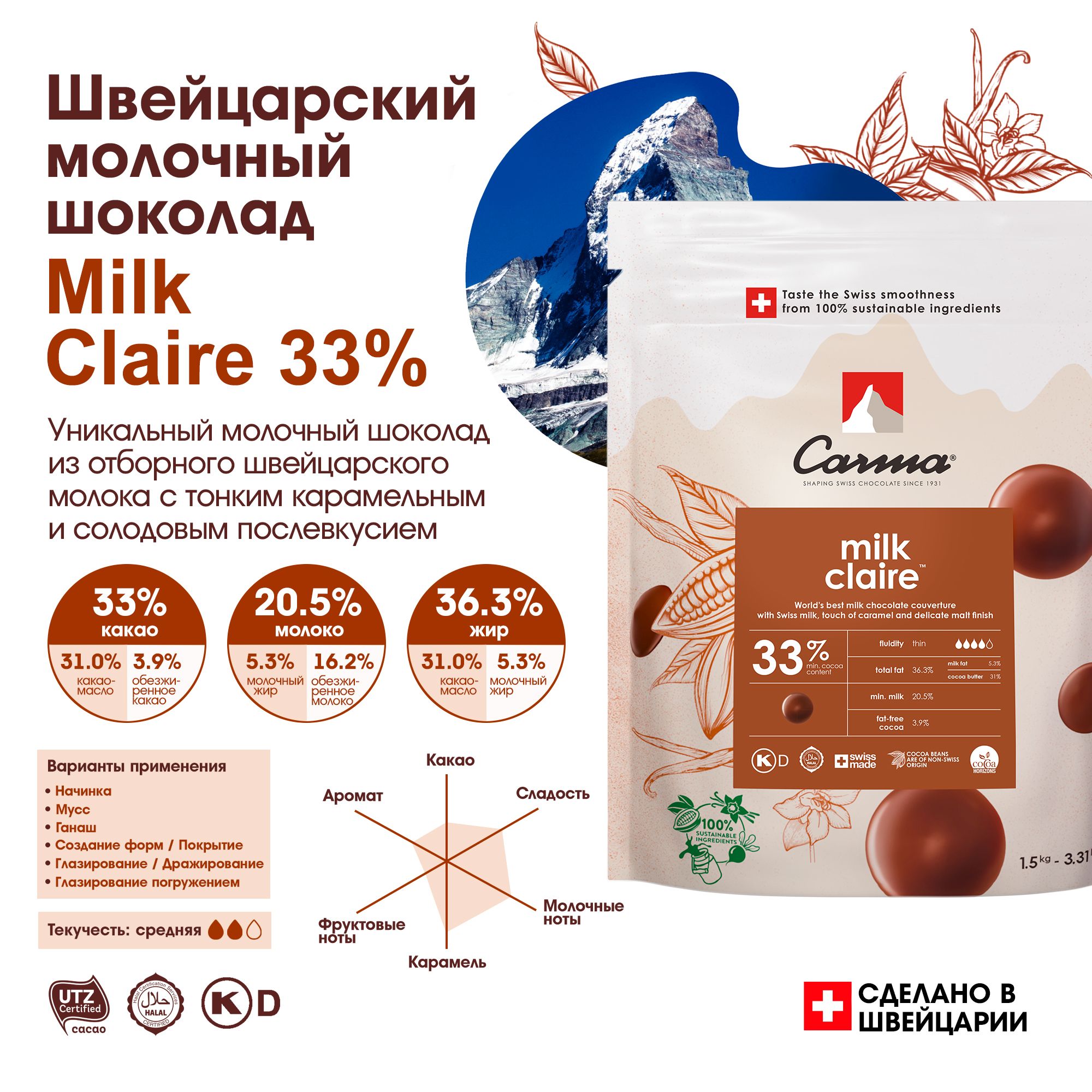 Швейцарский молочный шоколад Claire 33% Carma (Карма) - 1,5 кг