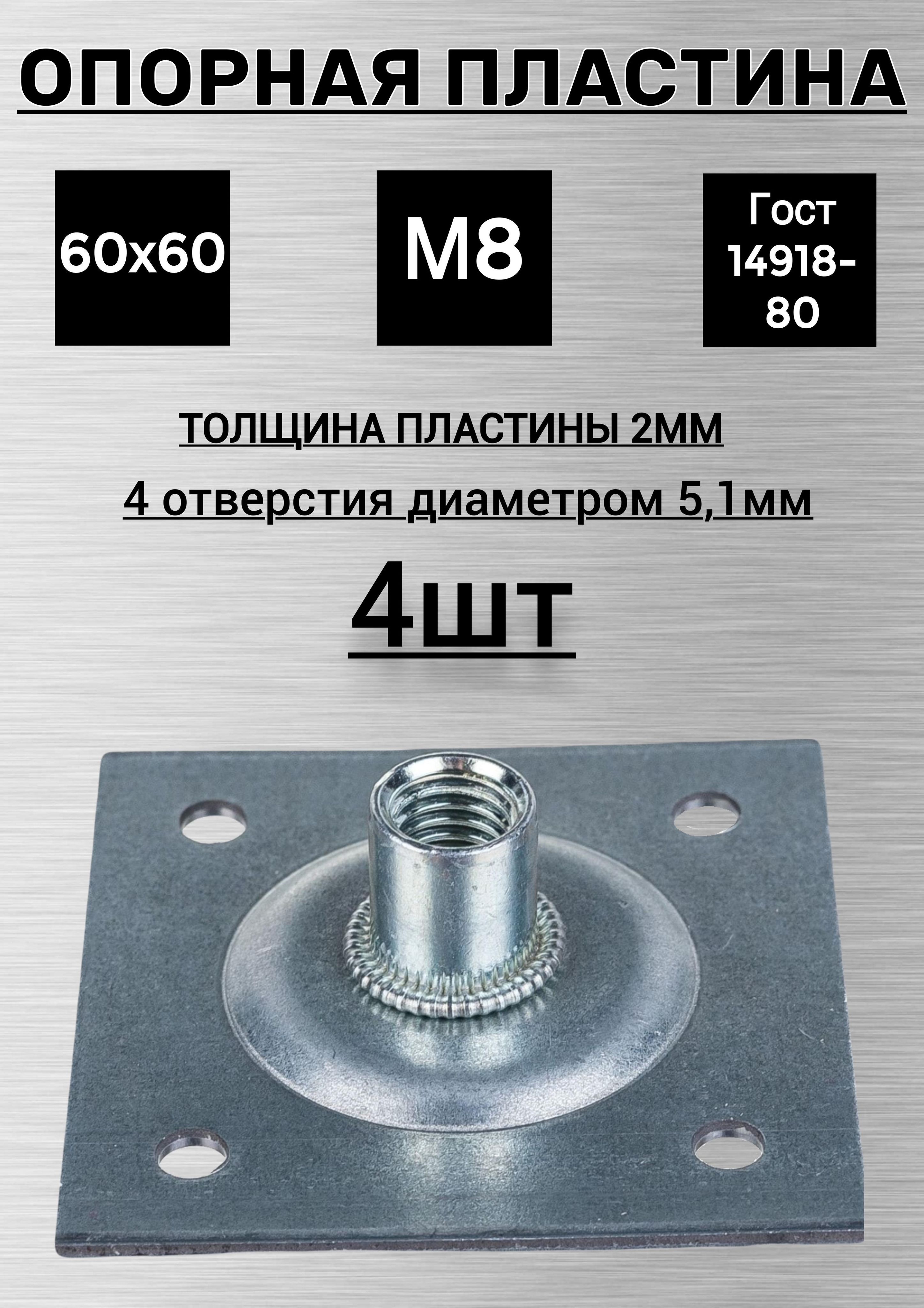 Пластинаопорная(4шт.)/площадкасрезьбой/сгайкойМ8облегченная60х60х2ммоцинкованная