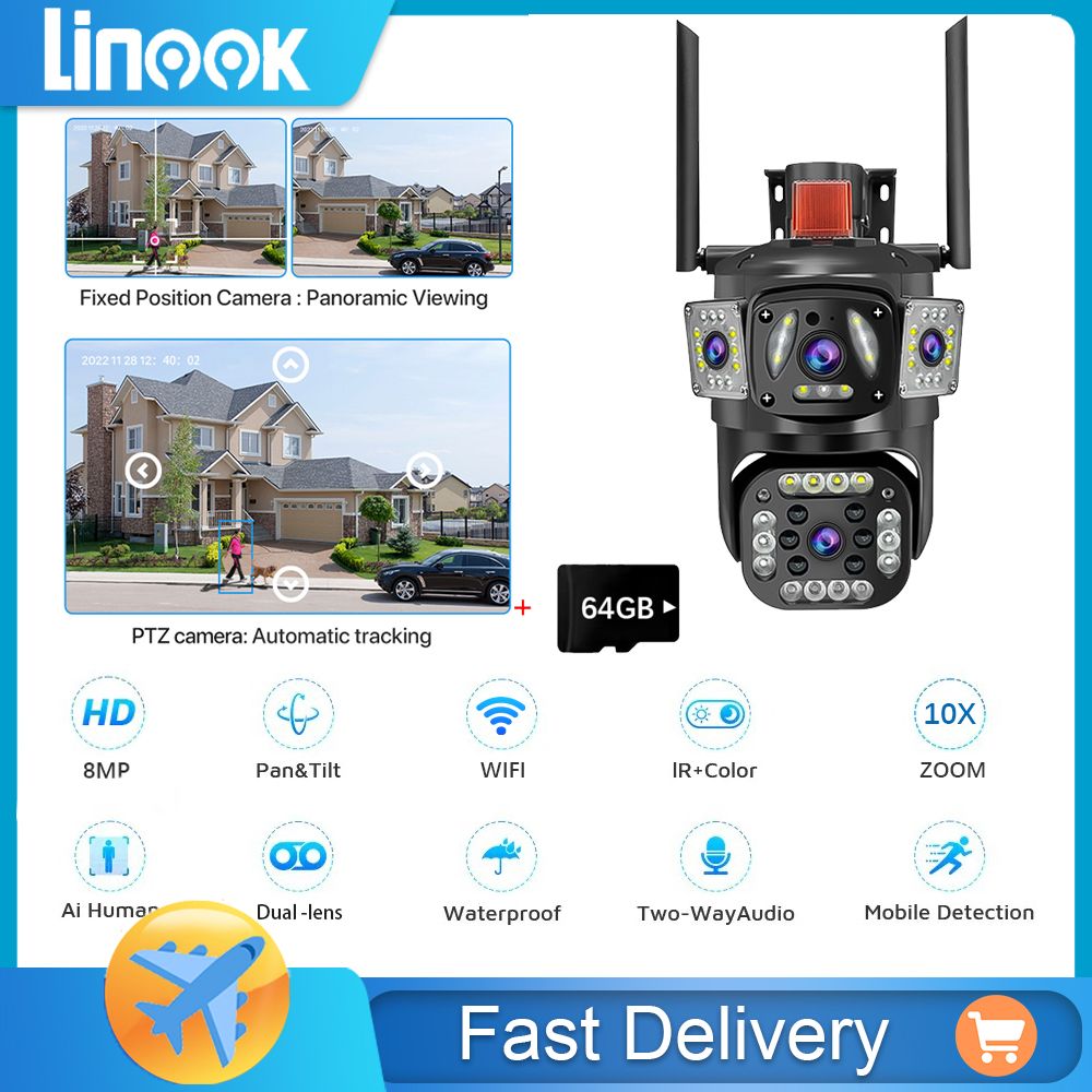 Linook/Wi-Fiкамеравидеонаблюдения,8MP/двойнойобъектив,тройнойэкран,поворотная/наружнаяводонепроницаемая,APP:V380