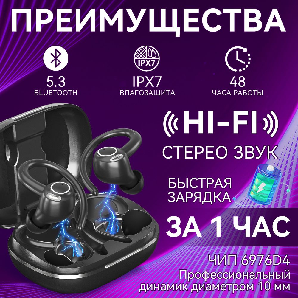 СпортивнаяНаушникиBluetooth5.3,Hi-FIстереонаушникисмикрофоном,сенсорноеуправление,USBType-C,черный