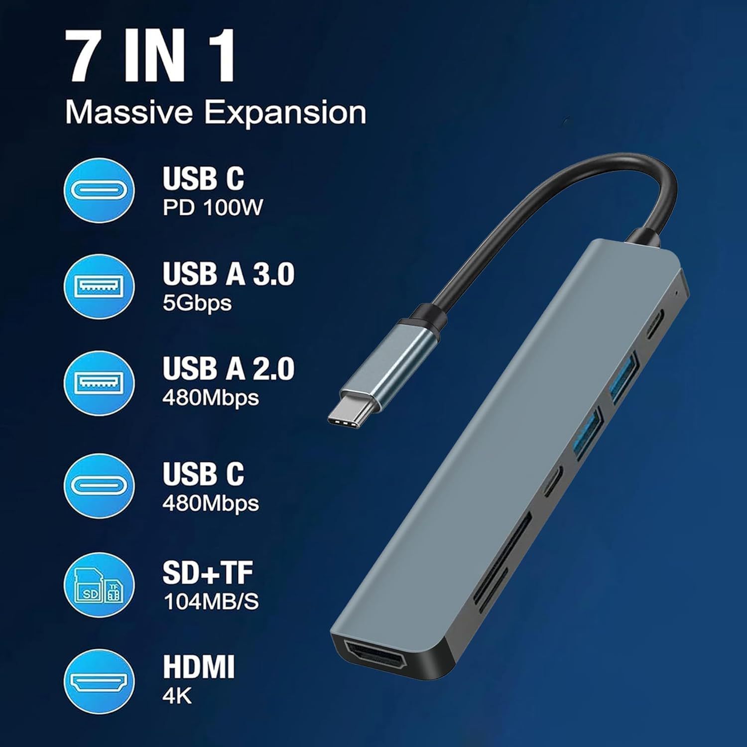 Переходник USB HUB 7в1. USB разветвитель, type c hdmi, док станция type c,Подходит для USB-концентратора, SD-карты, TF-карты