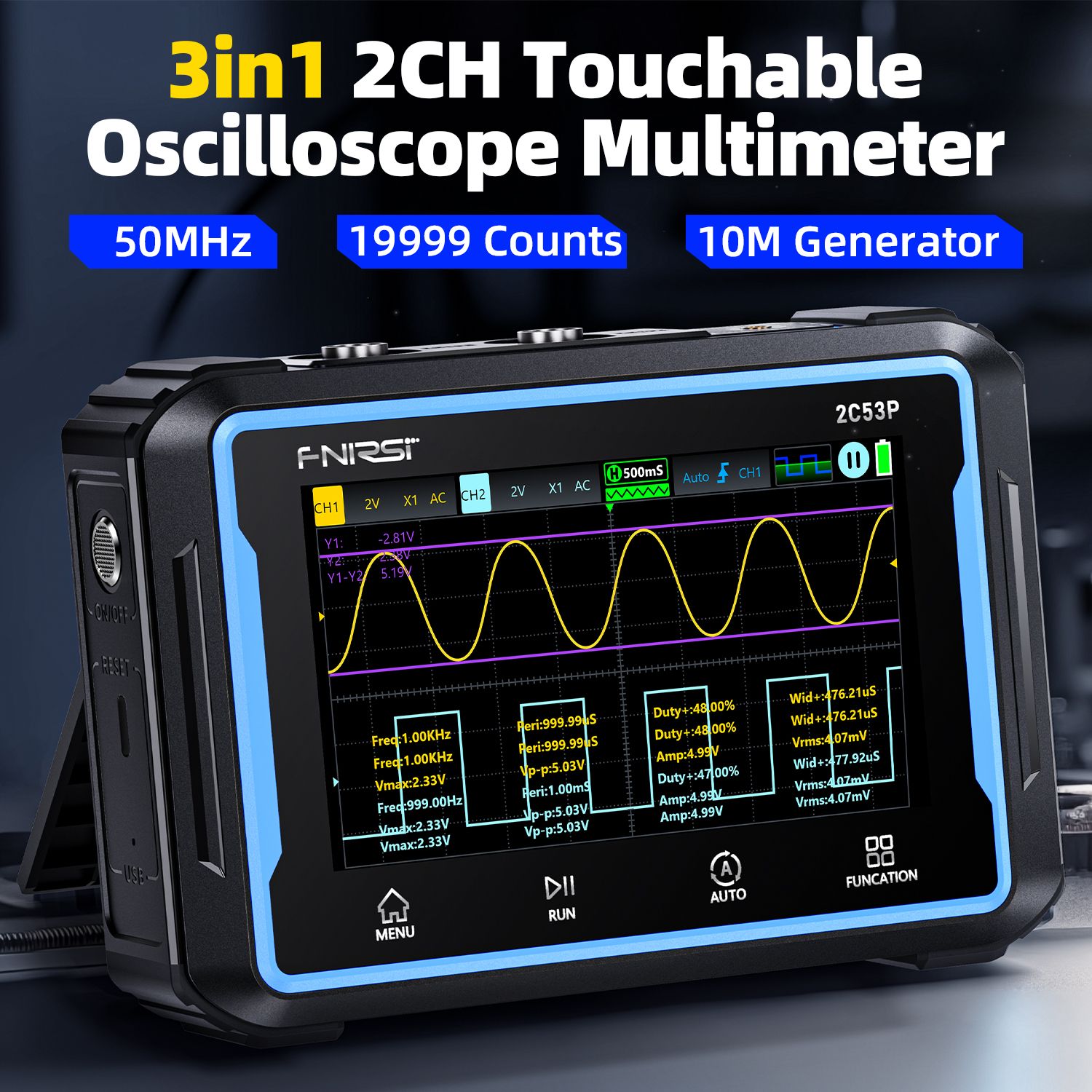 FNIRSI2C53PПортативныйизмерительссенсорнымэкраномМультиметрГенераторсигналов3-в-12канала50МГц