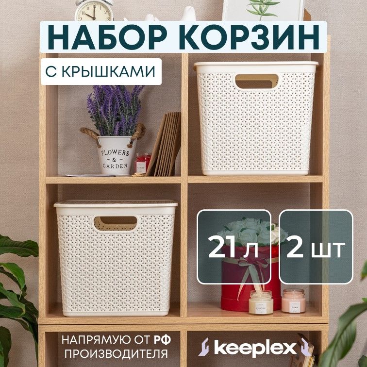 Корзины для хранения 2 шт Keeplex Rattan с крышками 21л белое облако