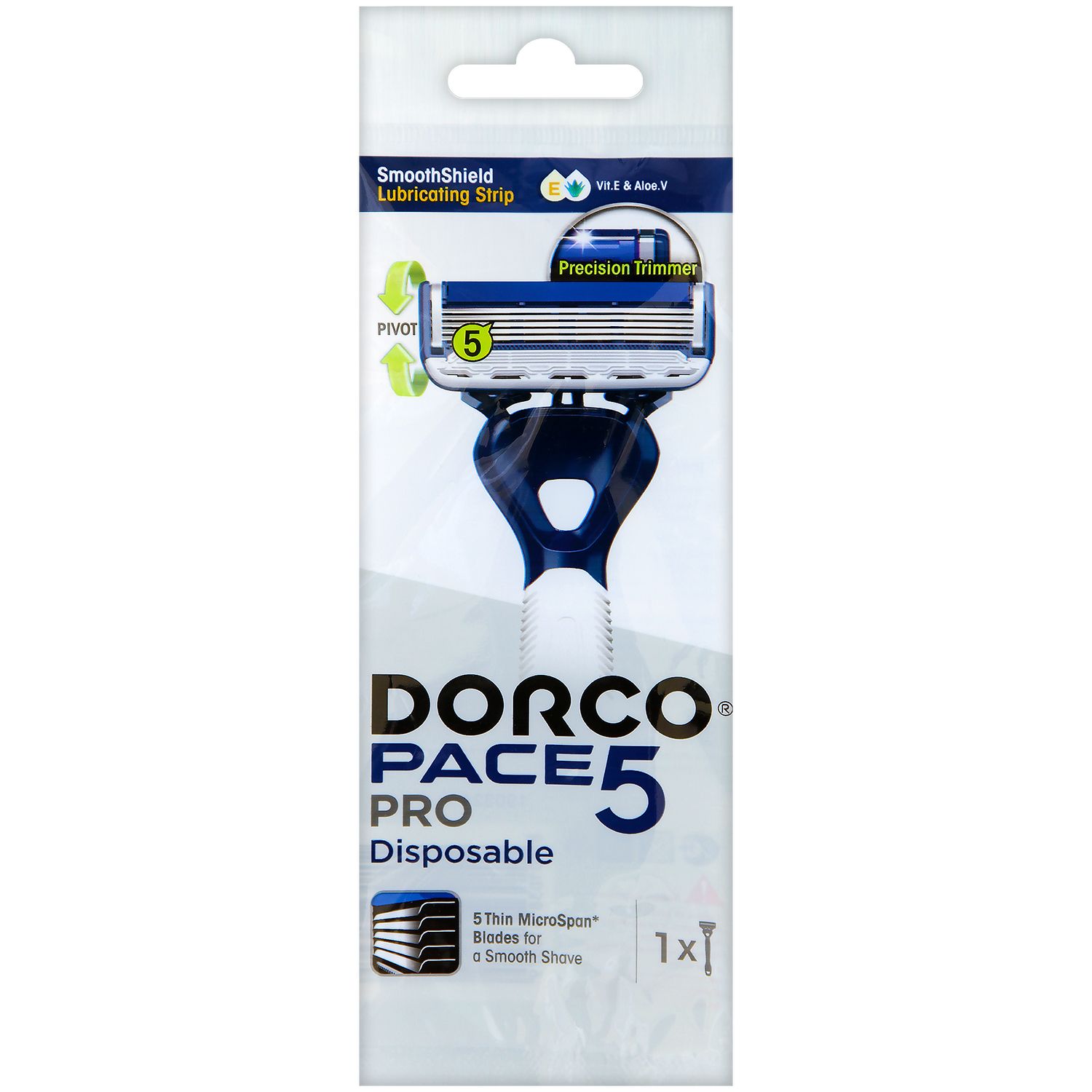 DORCO PACE 5 PRO, одноразовый станок (1 шт) 5 лезвий+ 1 лезвие-триммер, плавающая головка, увлажняющая полоса