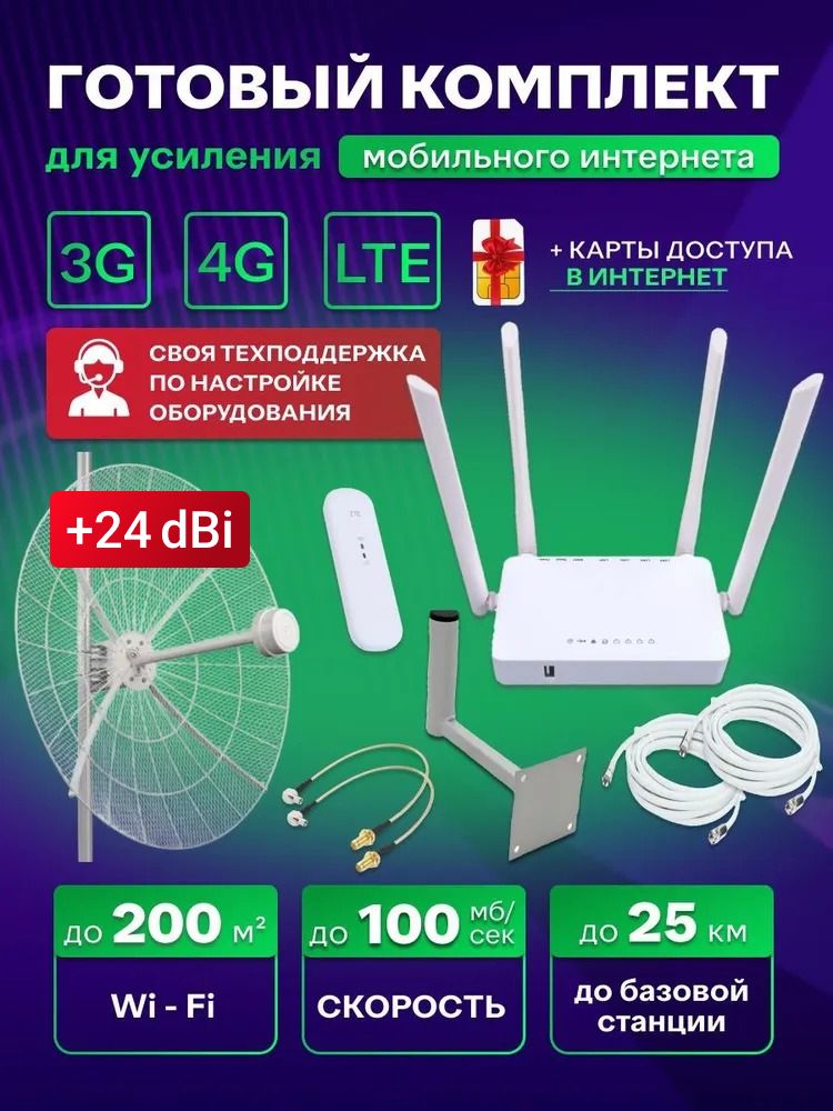 Усилитель сотовой связи и интернета с мощной 3G 4G антенной KROKS-24f mimo 24dBi, wifi роутер + 4g модем + кронштейн + пигтейлы