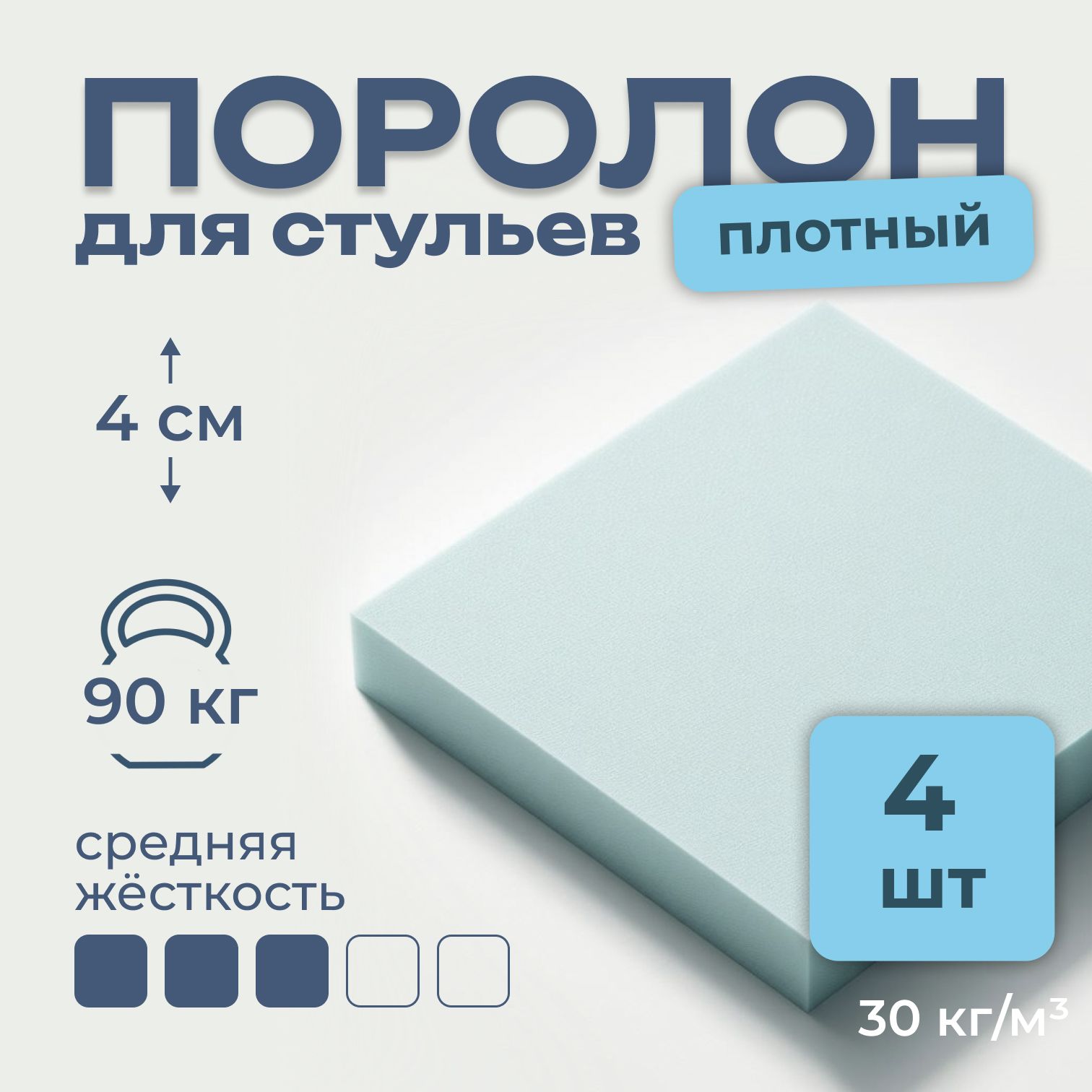 ПоролонмебельныйST3040длястульев,4шт,4х50х50см,плотность30кг/м3,пенополиуретандляперетяжкистульевитабуретов