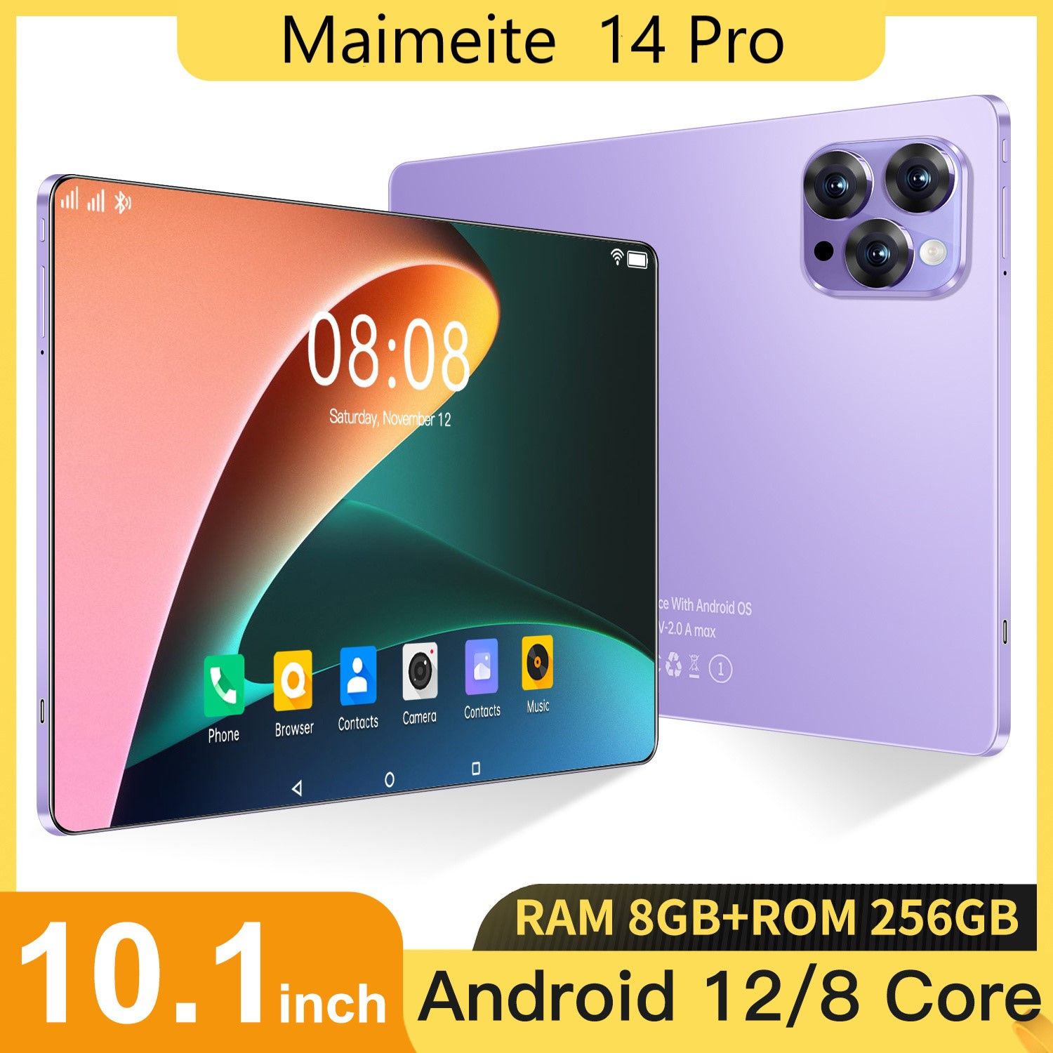 MAIMEITE Планшет Планшетный компьютер pad 14 PRO Android 12 10,1-дюймовый 8 ГБ 256 ГБ Бесплатный чехол, 10.1" 256 ГБ/8 ГБ, пурпурный