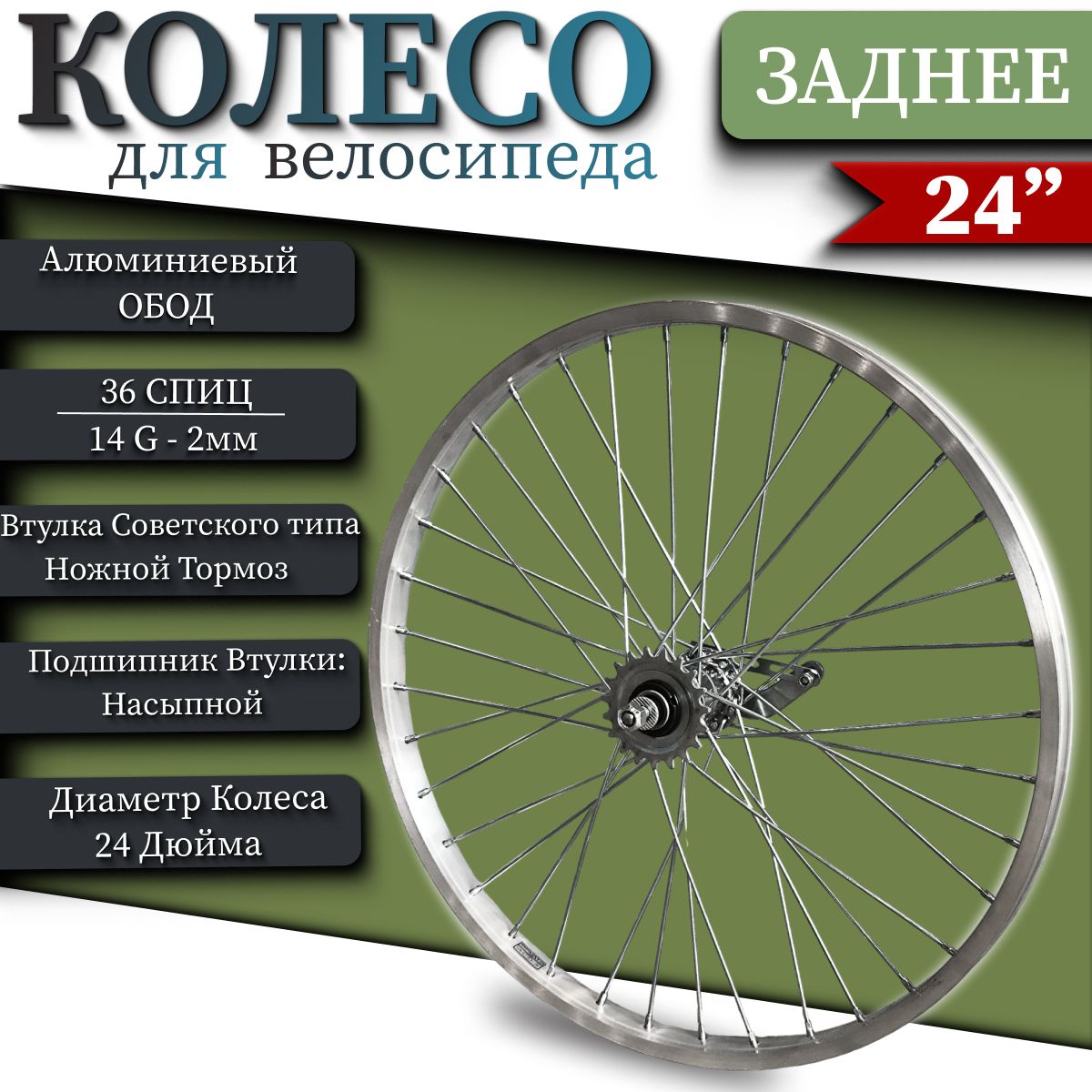 Колесовелосипедное(ЗАДНЕЕ),алюминиевыйобод-Диаметрколесо24"дюйма,втулка"Советская"ножнойтормоз,36спиц(14G-2мм.)