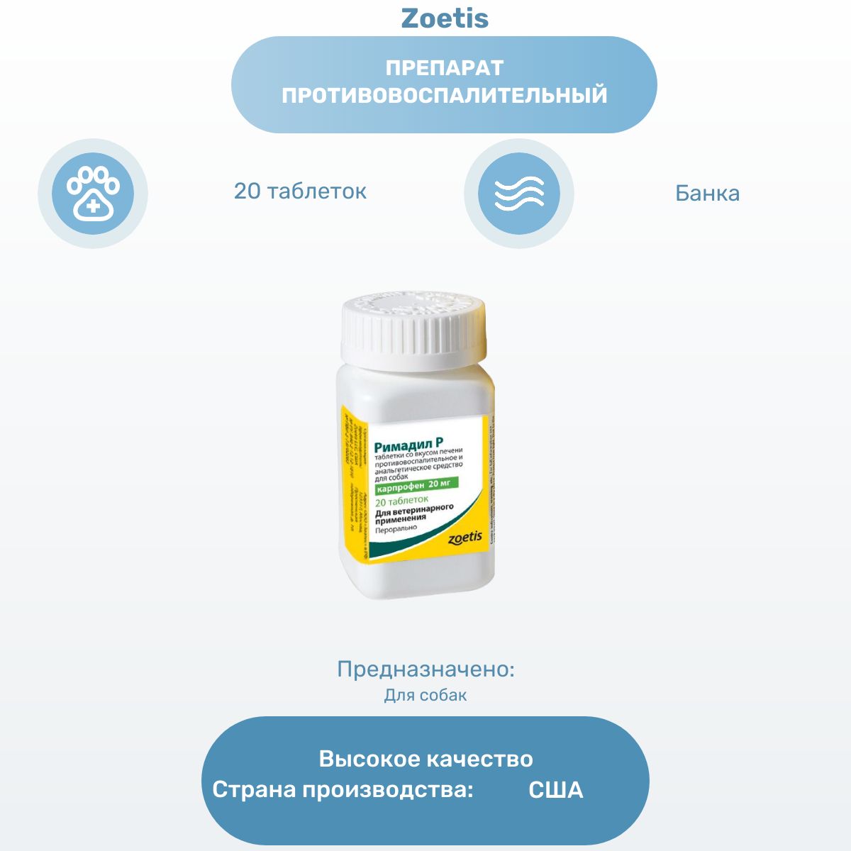 Zoetis Римадил Р 20 мг, противовоспалительные обезболивающие таблетки для взрослых собак малых пород 20 таблеток