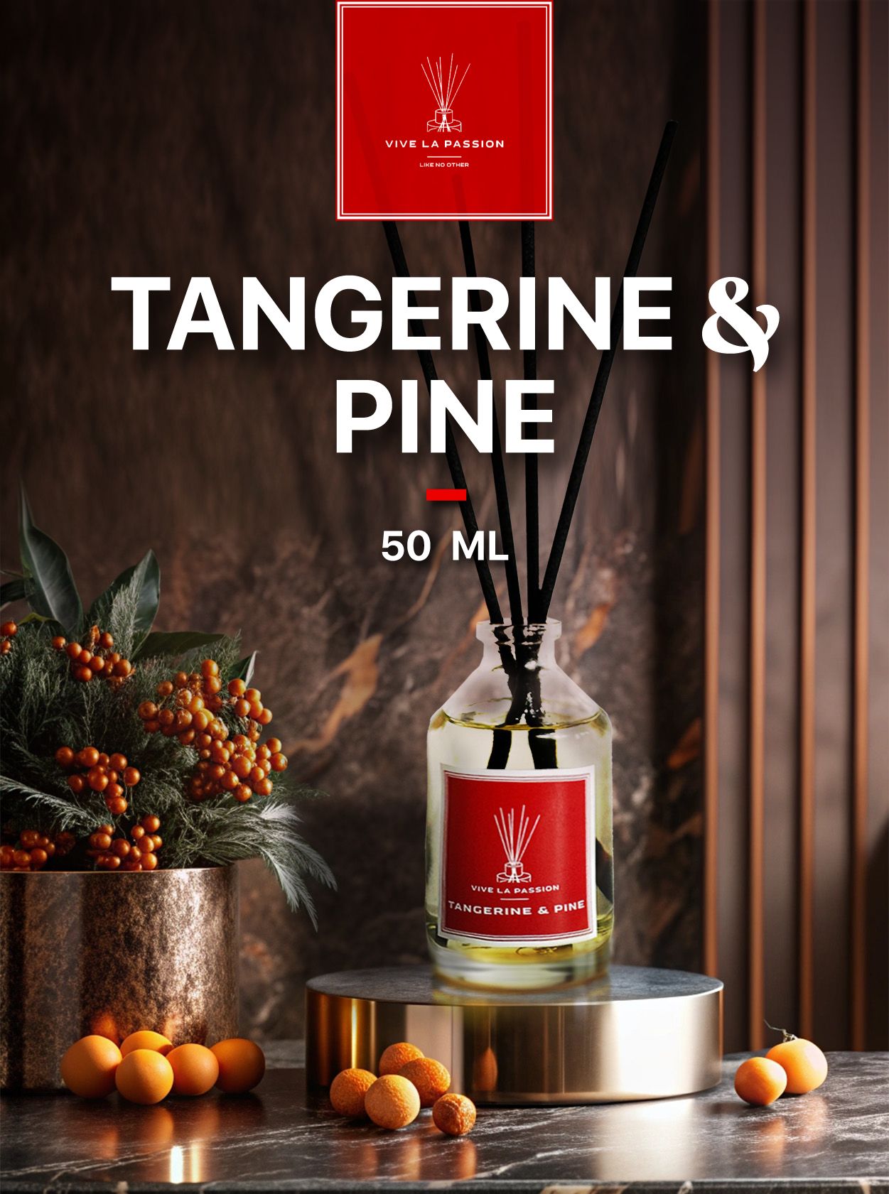 Диффузорароматический"Tangerine&Pine"(Мандаринисосна)ViveLaPassionспалочками50мл.Длядома,спальни,гардеробной,гостинойиприхожей