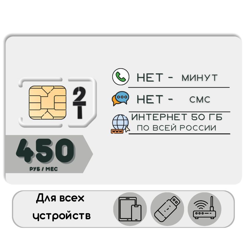 SIM-карта Сим карта интернет 450 руб. в месяц + 50ГБ для любых устройств NSTP21T2 (Вся Россия)