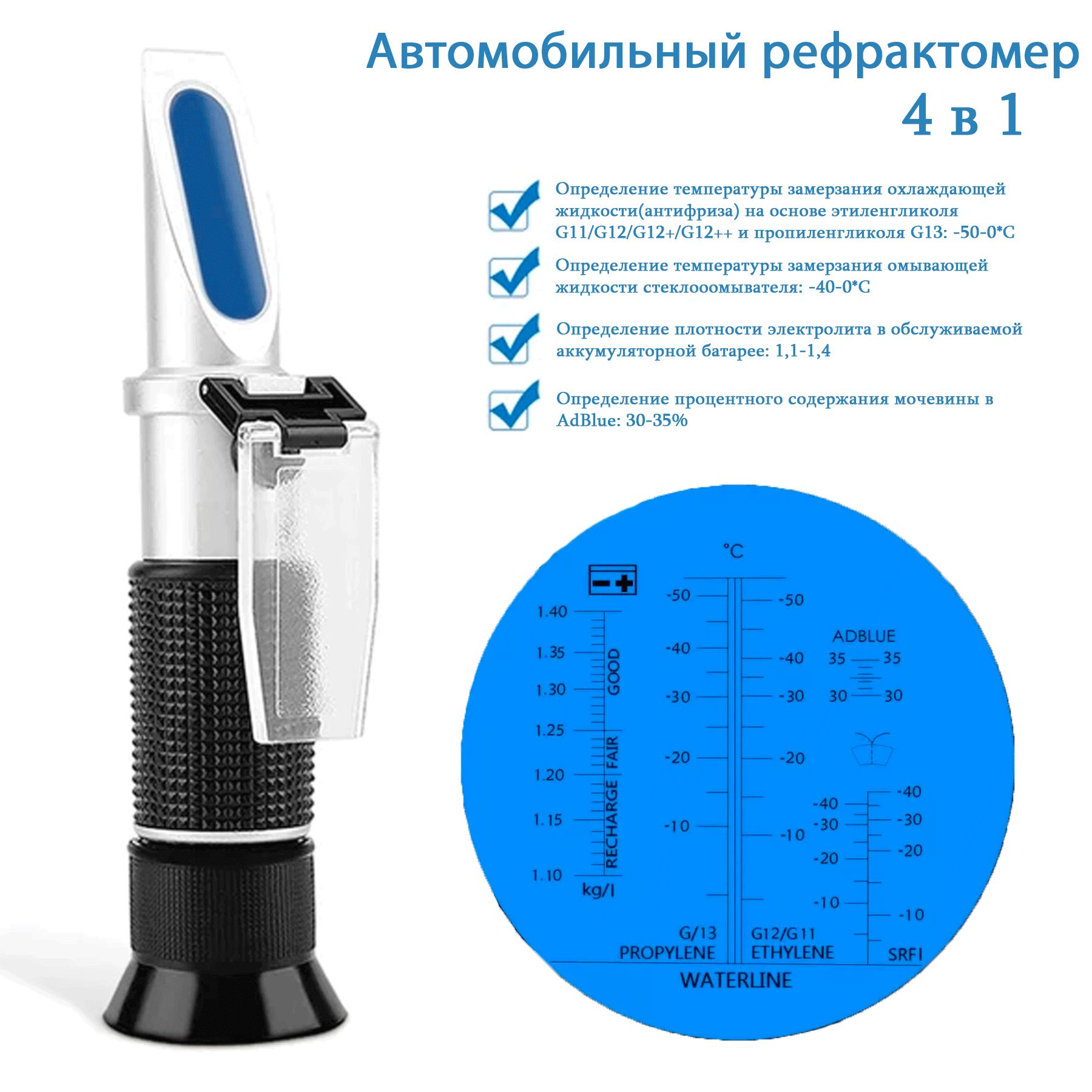 Автомобильный рефрактометр 4 в 1, для антифриза, охлаждающей жидкости, электролита и мочевины