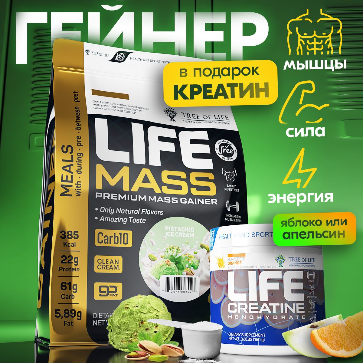 Комплекс Гейнер Tree of life Mass GAINER 6LB вкус Фисташка + Креатин моногидрат 150 гр. в подарок