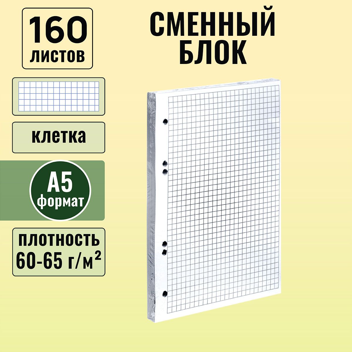 Сменный блок 160 листов, формата А5, клетка, для тетрадей на кольцах