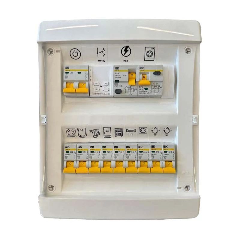 Электрощит распределительный в сборе 50A, 18 модулей, накладной с белой дверцей, для однокомнатной квартиры