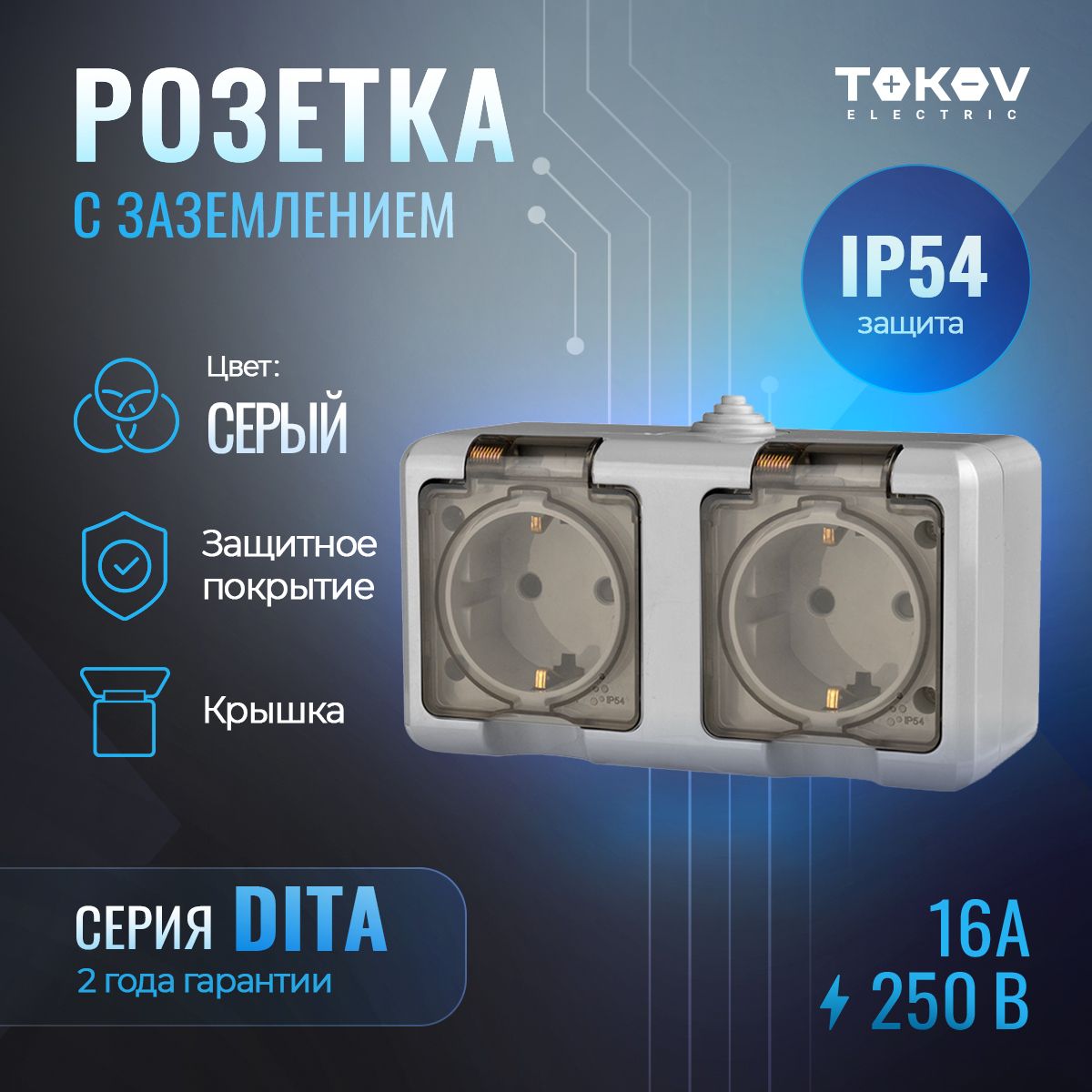 Розеткадвухместная(двойная)сзаземлением,прозрачнаякрышкаОП,TOKOVELECTRICсерияDITAIP54серая