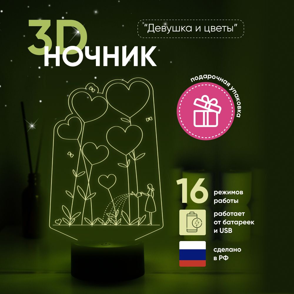 Ночник3DЛАМПАНОЧИ,светильник3Д,Девочкаполиваетцветы...