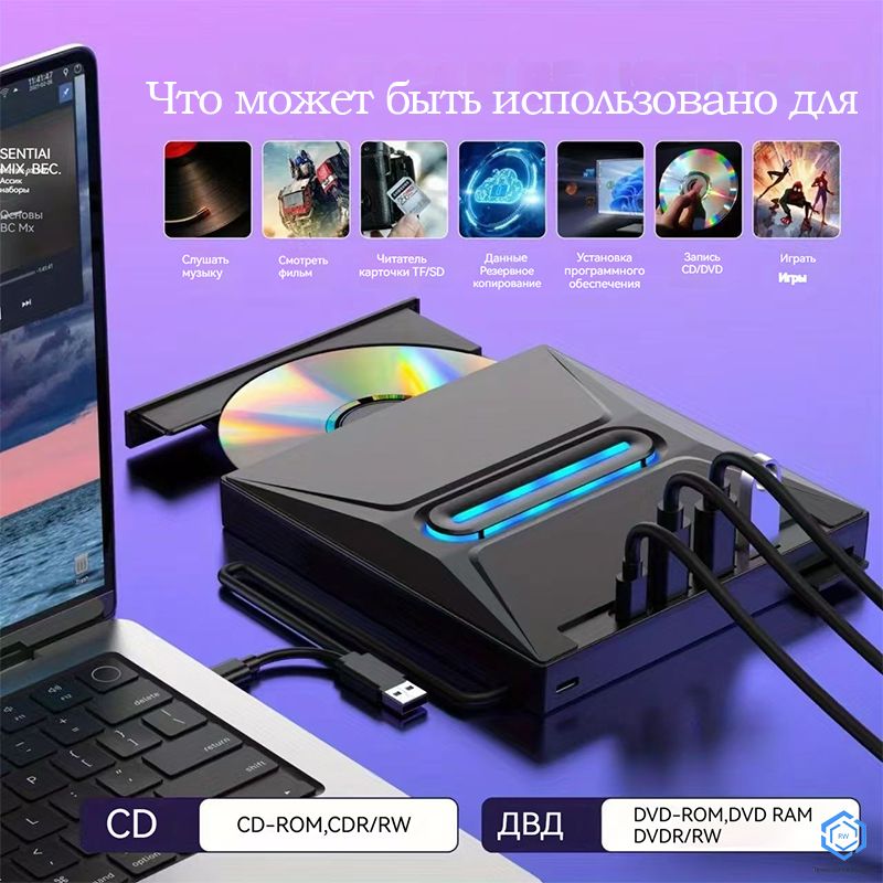 RongweiМногофункциональныйCD/DVD-привод,проигрывательUSB3.0,портативныйпроигрывательдляПКиноутбуков,совместимыйсWindows11/10/8/7LinuxMacOS,светодиоднаяподсветка,черный