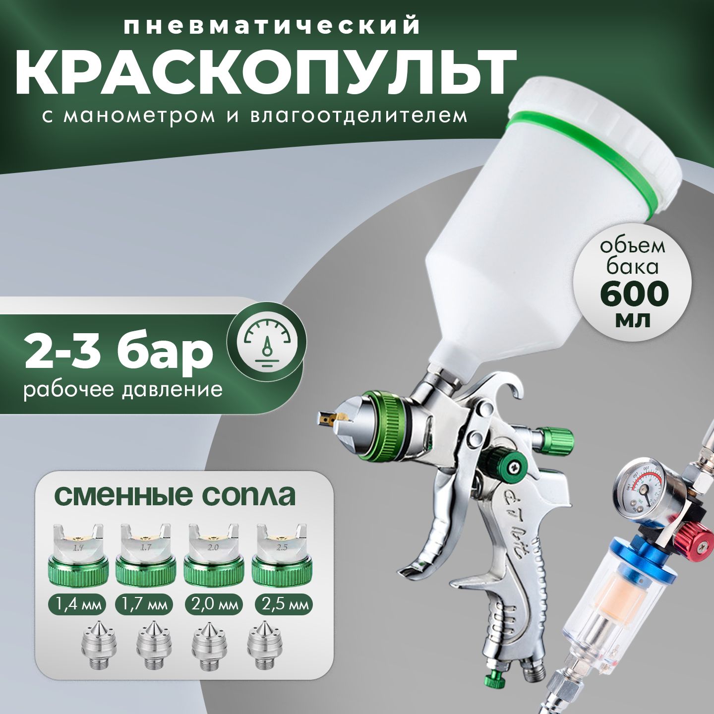 Краскопультпневматическийсверхнимбачком600мл,1,4+1,7+2,0+2,5мм