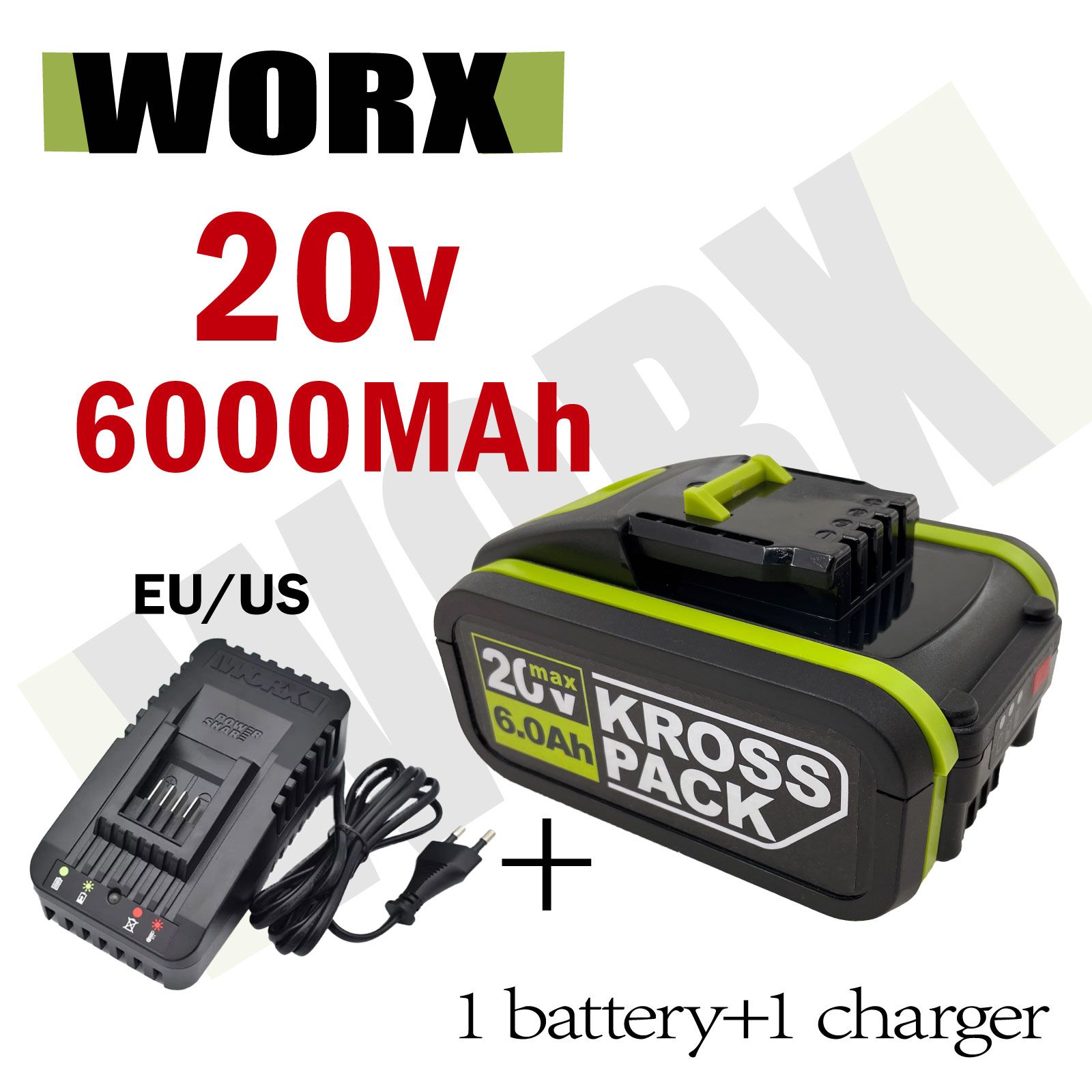 WORX 20V 6.0 Ah Электрический инструмент Литиевый аккумулятор Замена батареи WA3551 WA3553 WX390 WX176 WX178 WX386 Зарядное устройство