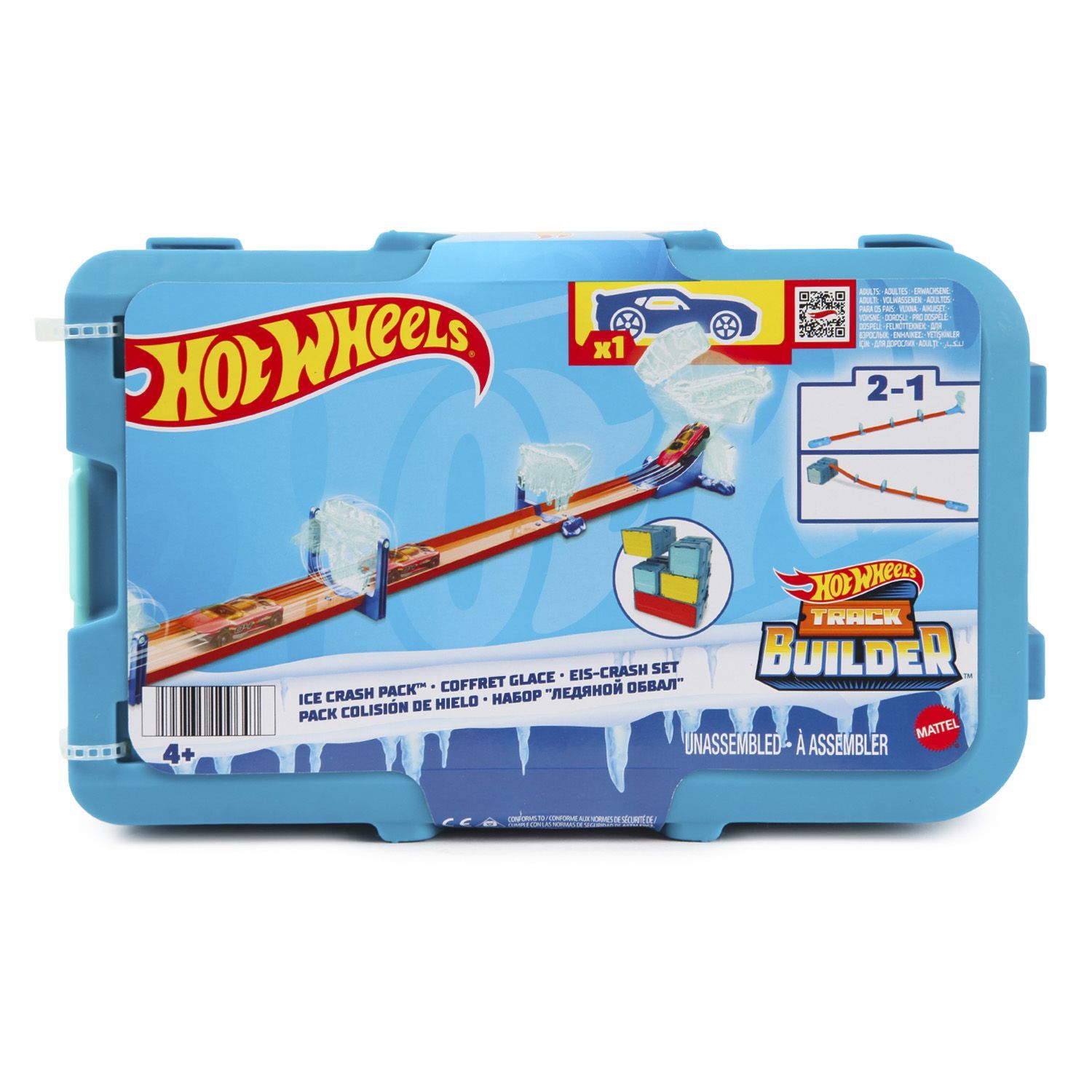 Набор Hot Wheels Track Builder Ice Crash с игрушечной машинкой, 10 деталями треков на ледяную тематику и коробкой для хранения, HKX40