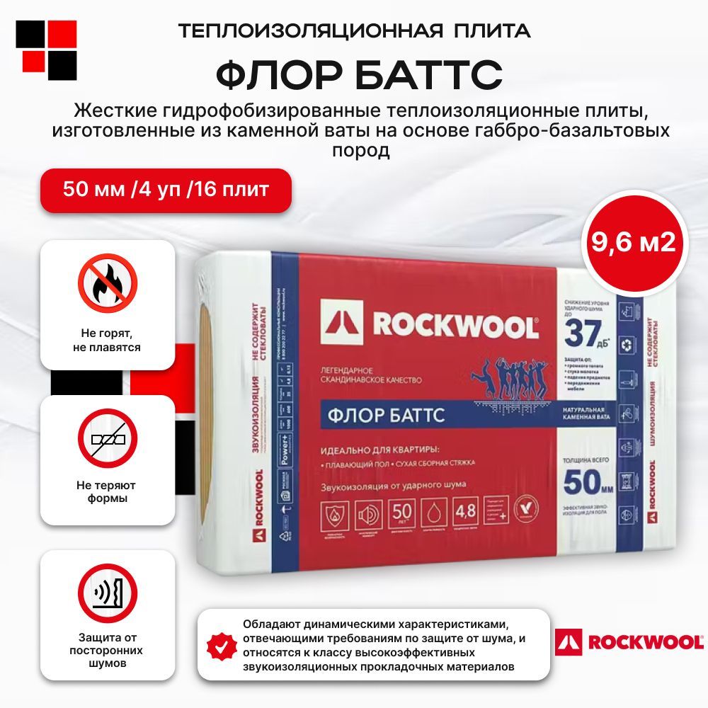 Rockwool Флор Баттс 50мм (4 уп /16 плит /9,6 м2 ) утеплитель для балкона/лоджии, для пола, для фундамента/цоколя