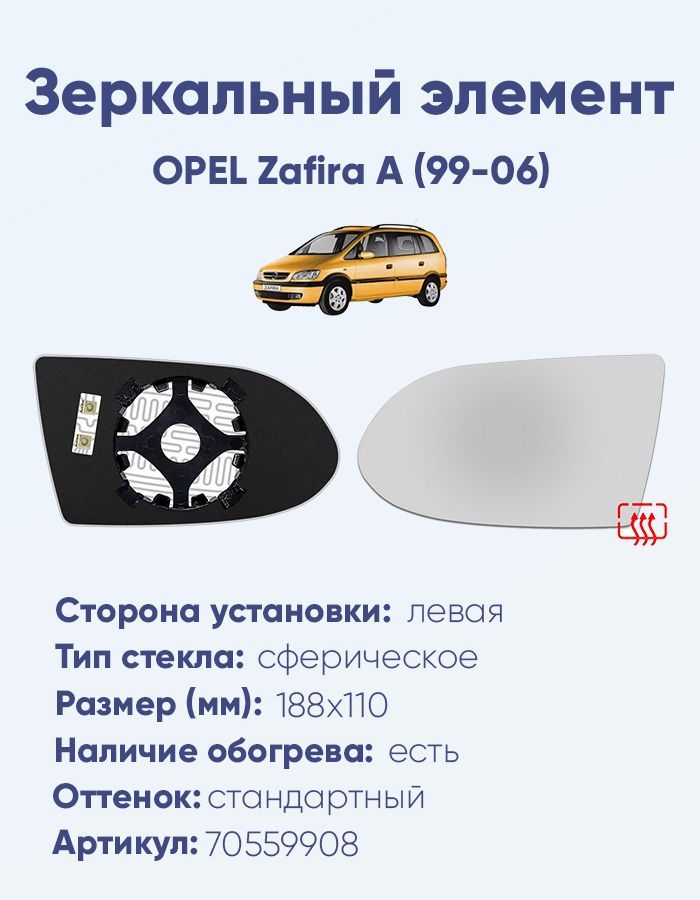 Зеркальный элемент левый OPEL Zafira A (99-06) сфера нейтральный с обогревом