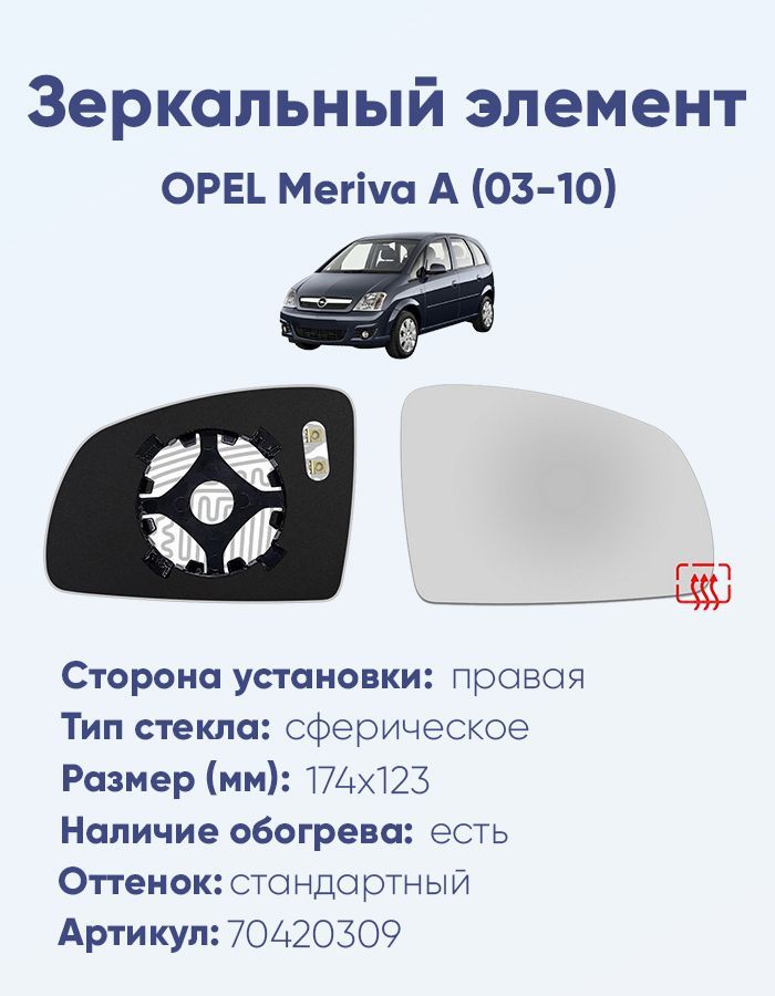 Зеркальный элемент правый OPEL Meriva A (03-10) сфера нейтральный с обогревом