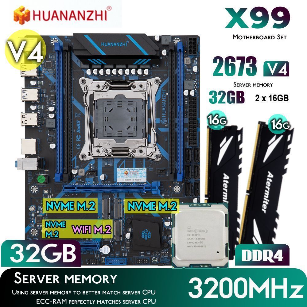 HUANANZHIКомпьютервсборкеПлатаX99QD4LGA2011-3+XEONE52673V42,3ГГц(20ядер/40потока)+32Гб(2x16GB)DDR43200МГцREGECCNVMEM.2WIFIRAM32ГБ,