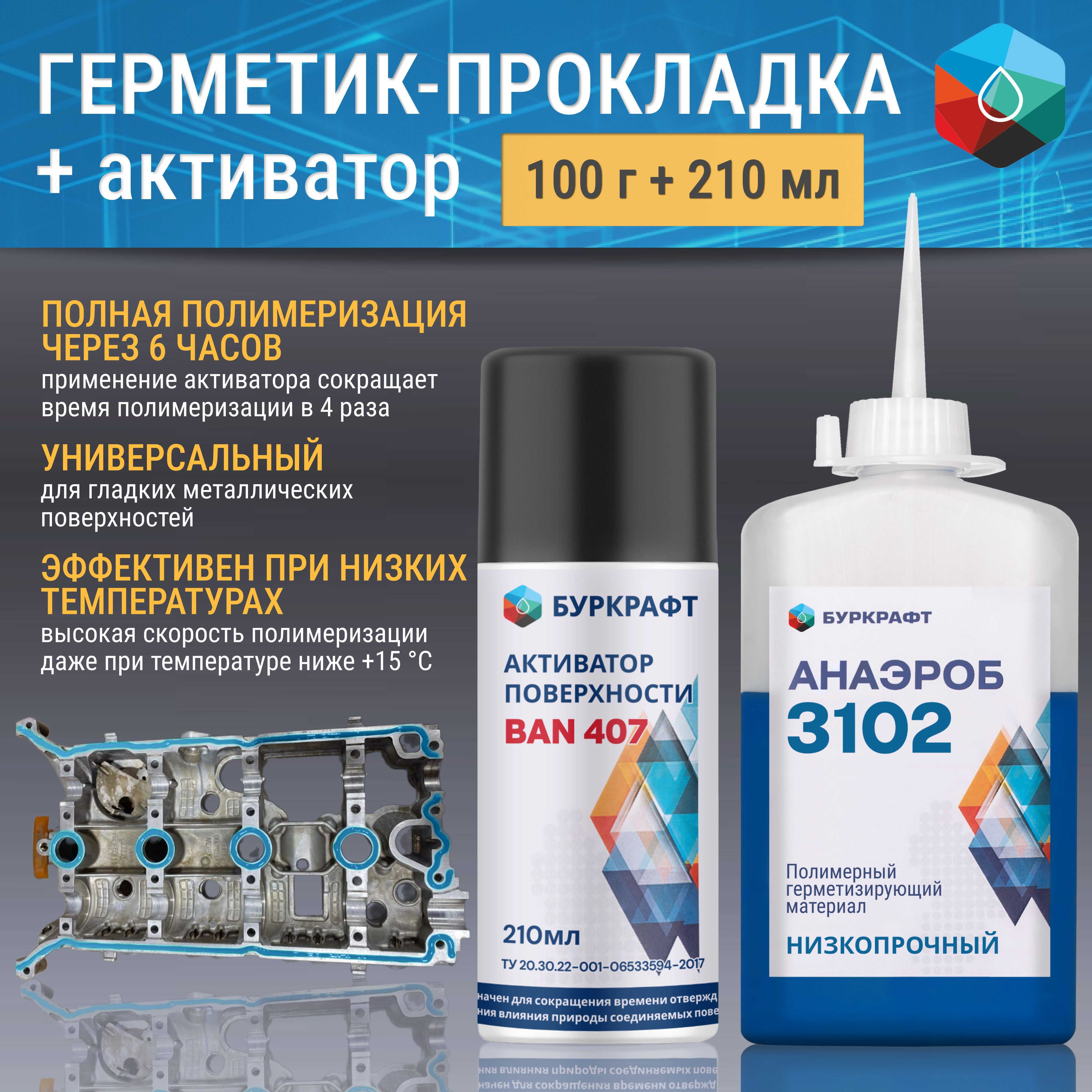 Формирователь прокладок анаэробный Анаэроб 3102, вал-втулочный фиксатор, 100 г + Активатор BAN 407, 210 мл