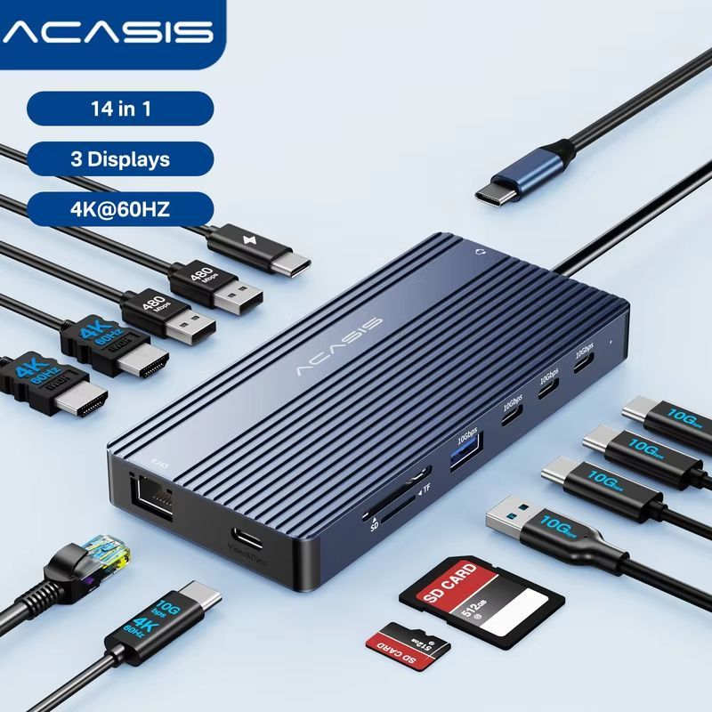 Acasis 14 в 1 USB-C док-станция Type-C концентратор 10 Гбит/с 4K/60HZ PD100W 1000 Мбит/с Ethernet 85 Вт вход для ноутбука концентратор