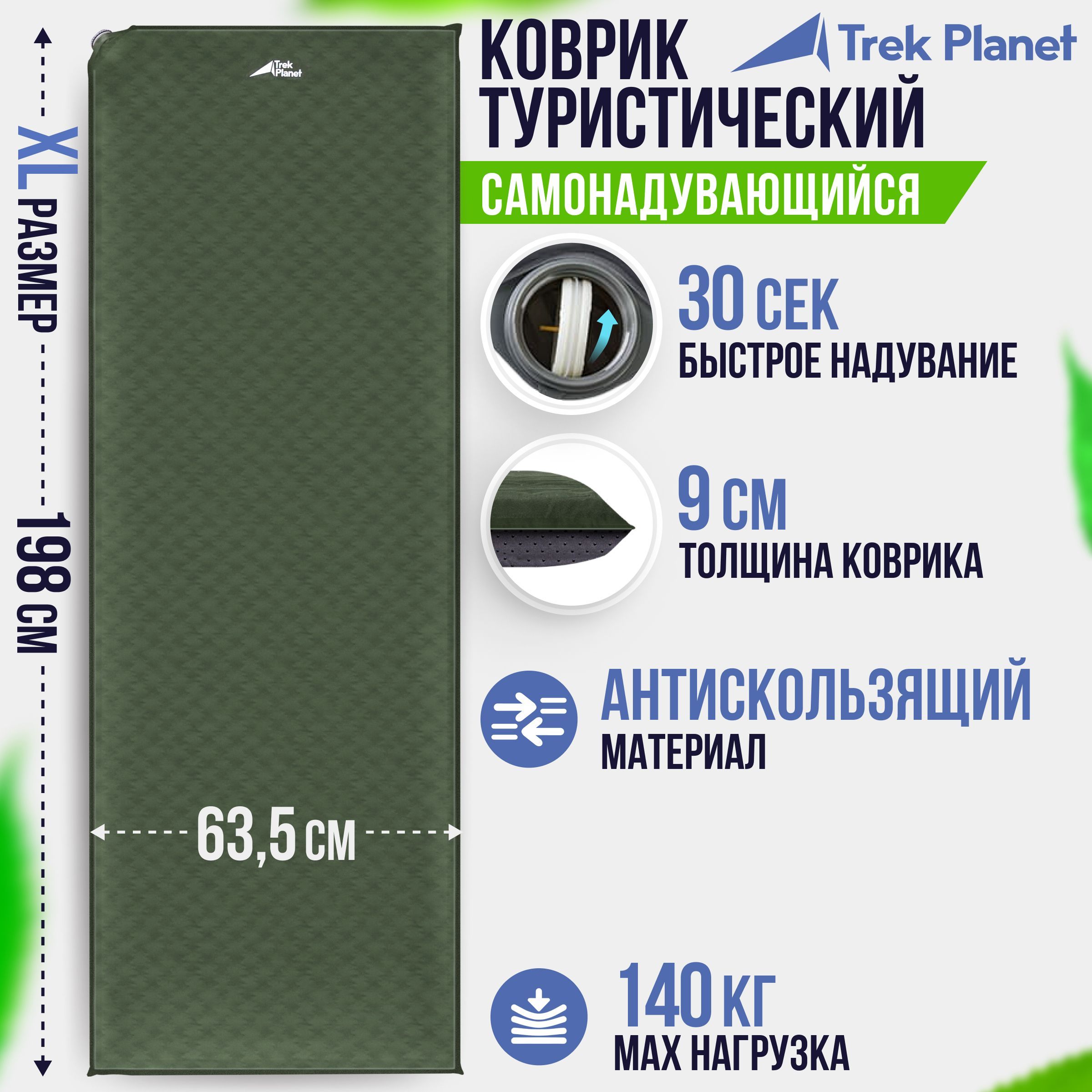 Коврик самонадувающийся кемпинговый TREK PLANET Relax 90, 198х63,5х9 см, зеленый