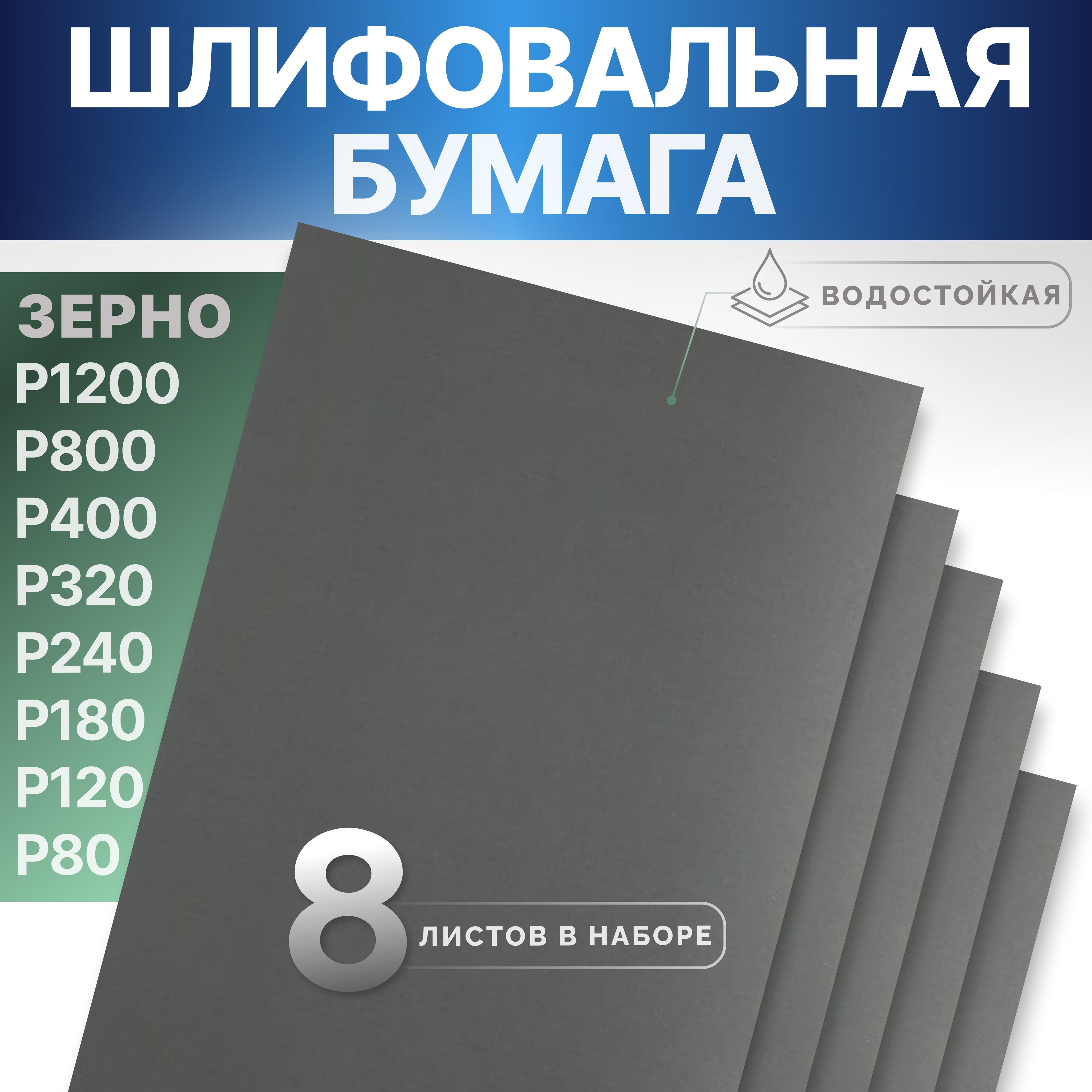 Наждачная бумага набор 8 листов, водостойкая, 230х140мм