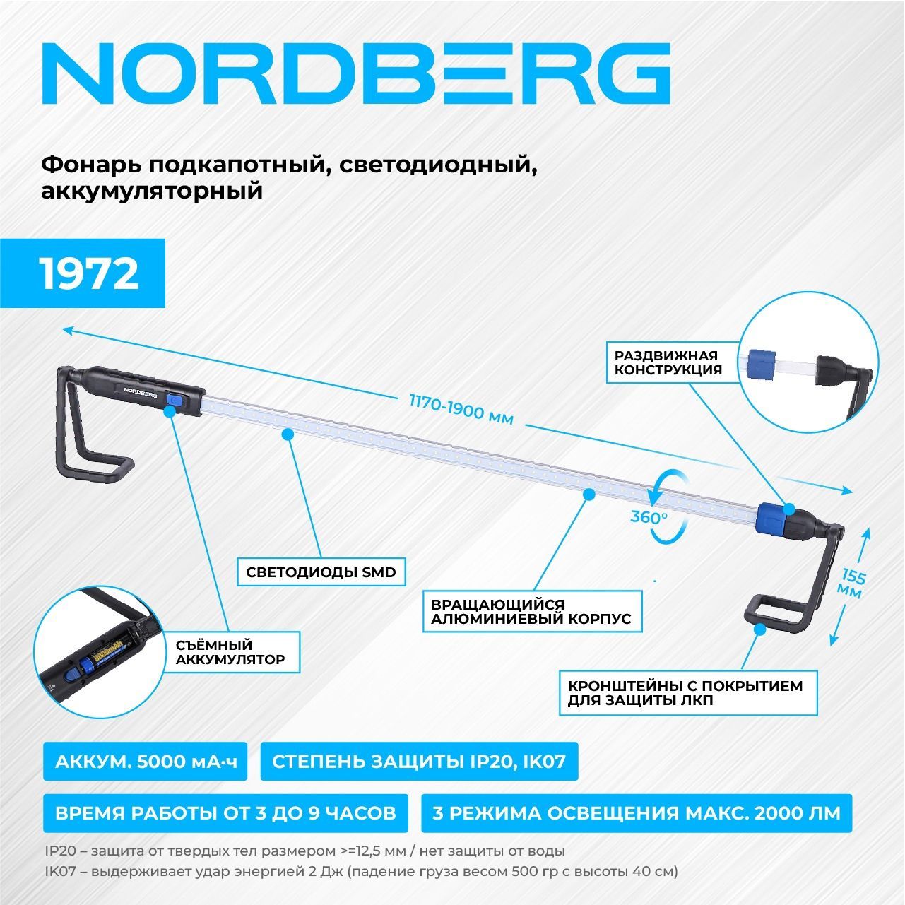 Фонарь подкапотный, светодиодный, аккумуляторный NORDBERG 1972