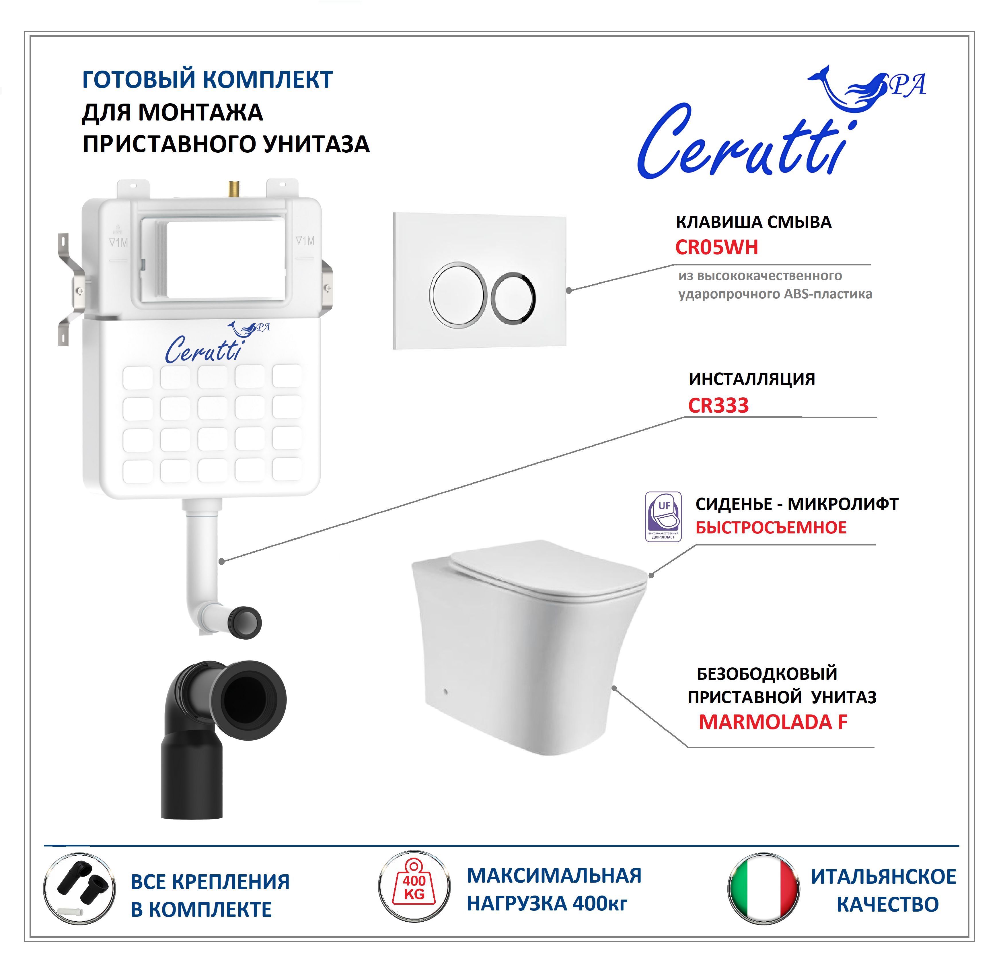 Комплект4в1инсталляциясприставнымунитазомCeruttispaMarmoladaF,сиденьемикролифт,кнопкасмывабелаяглянцевая(CR333+CT8906+CR05WH)