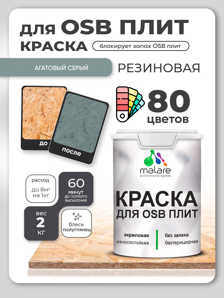 Резиновая краска для ОСБ плит Malare акриловая краска для дерева для наружных и внутренних работ, быстросохнущая без запаха полуглянцевая, агатовый серый, 2 кг