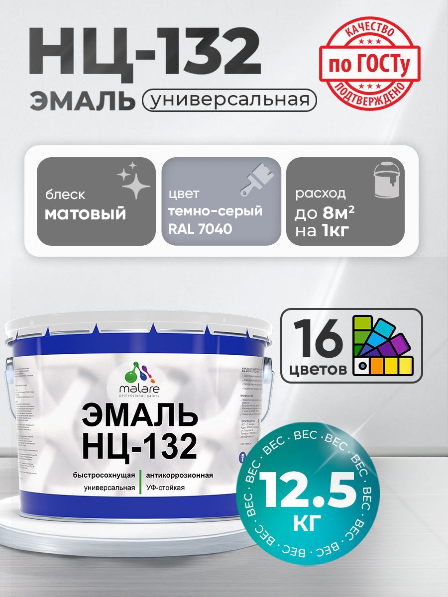 Эмаль Malare НЦ-132 краска для металла по дереву для минеральных поверхностей для внутренних и наружных работ антикоррозионная быстросохнущая RAL 7040, темно-серый, матовая, 12,5 кг