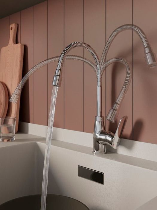 Фото товара на маркетплейсе ozon Смеситель для кухни с гибким изливом и душевой насадкой, глянцевый хром, Meal, Milardo, M07SB2FM05