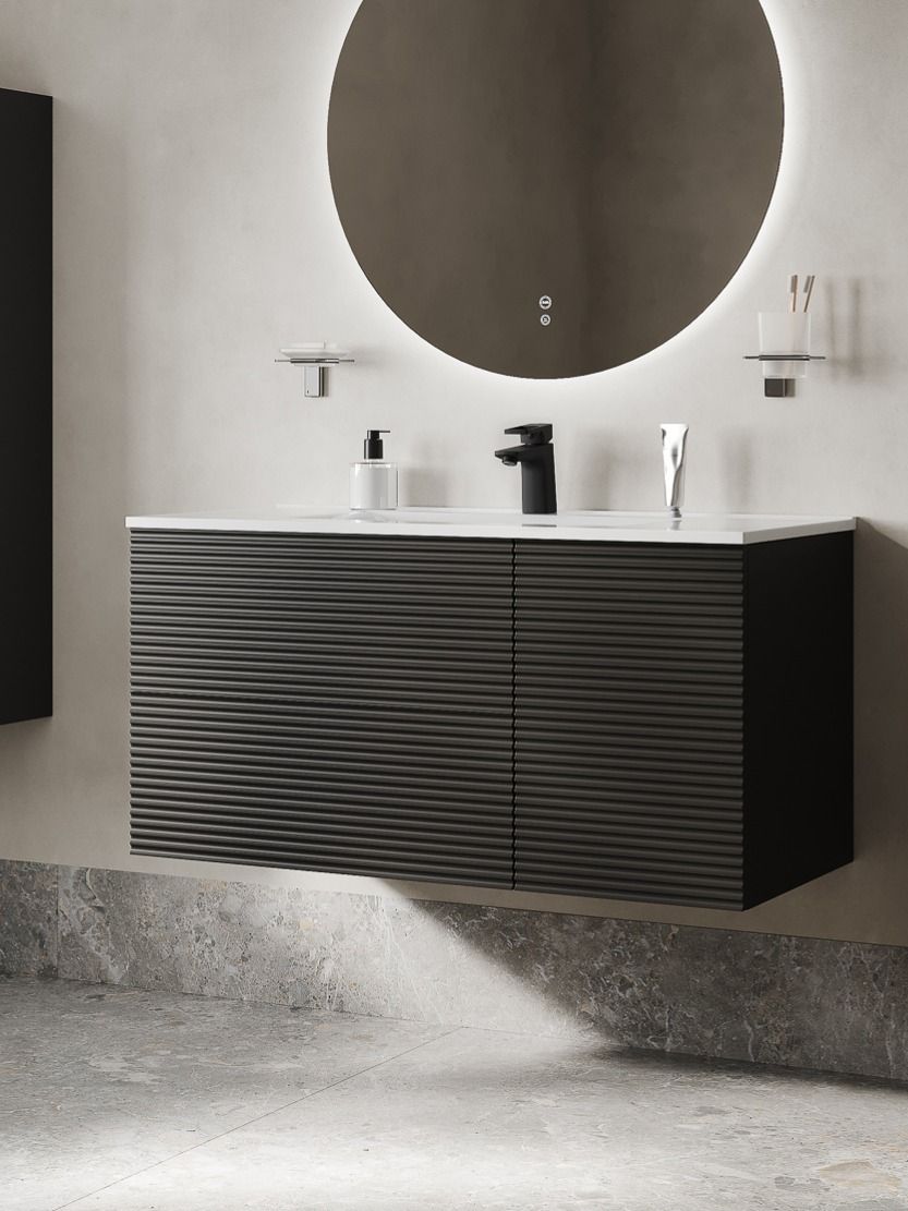 Фото товара на маркетплейсе ozon Тумба для ванной подвесная, с ящиками и полками, 100 см, темно-серая, IDDIS ,Bild , BIL10G0i95 (подходит раковина 0131000i28)